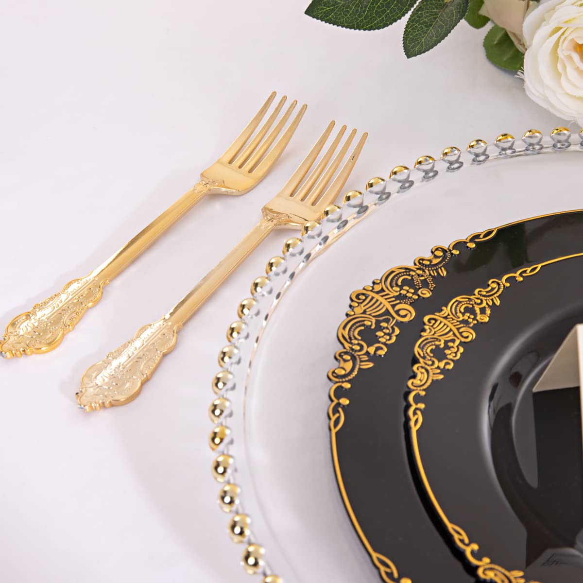 Nervure 200-Piece Black and Gold Plastic Dinnerware Set - 100 Black Gold Plates & 100 Gold Silverware (Forks, Knives, Spoons) - Elegant Disposable Tableware for Parties, Weddings, and Events