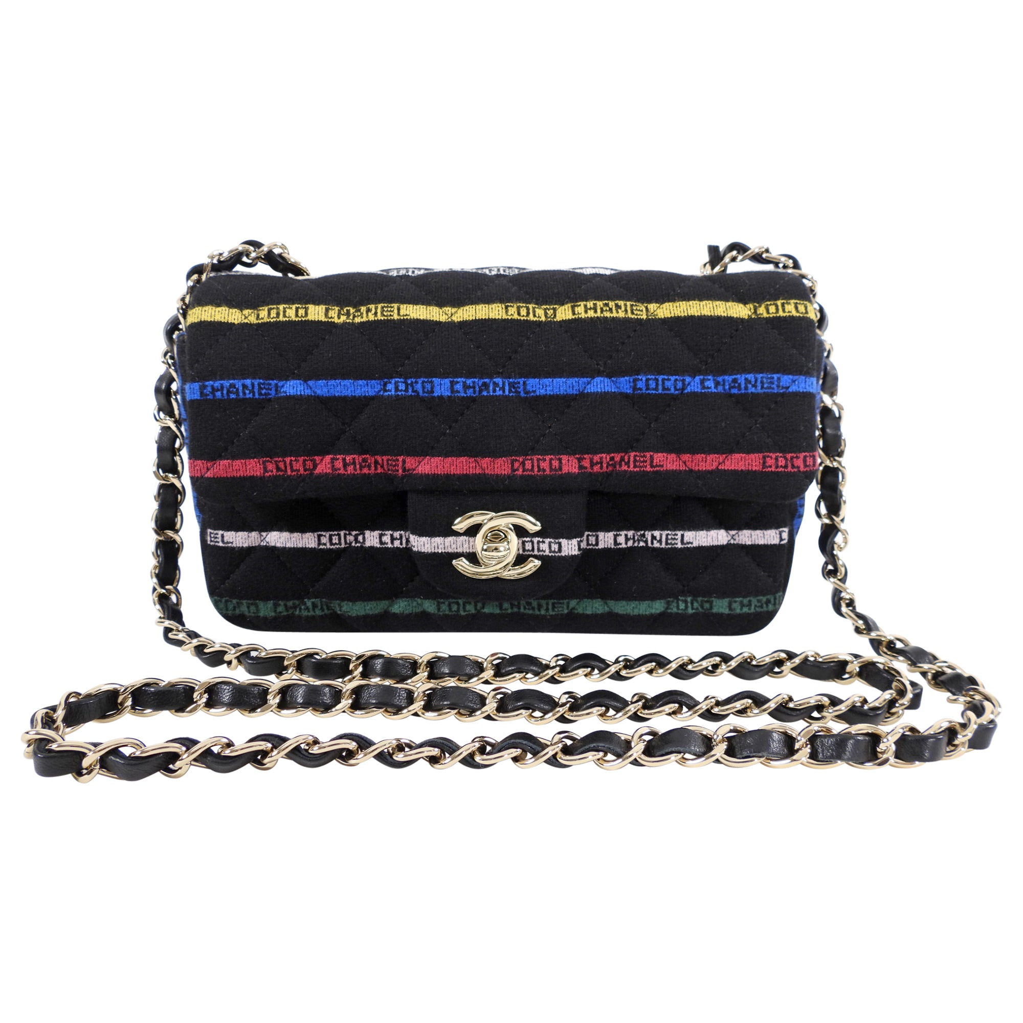 Chanel 22S Jersey Logo Mini Stripe Classic Flap Bag - Luxury Designer Crossbody Purse for Women | Perfect for Date Night, Parties & Special Occasions