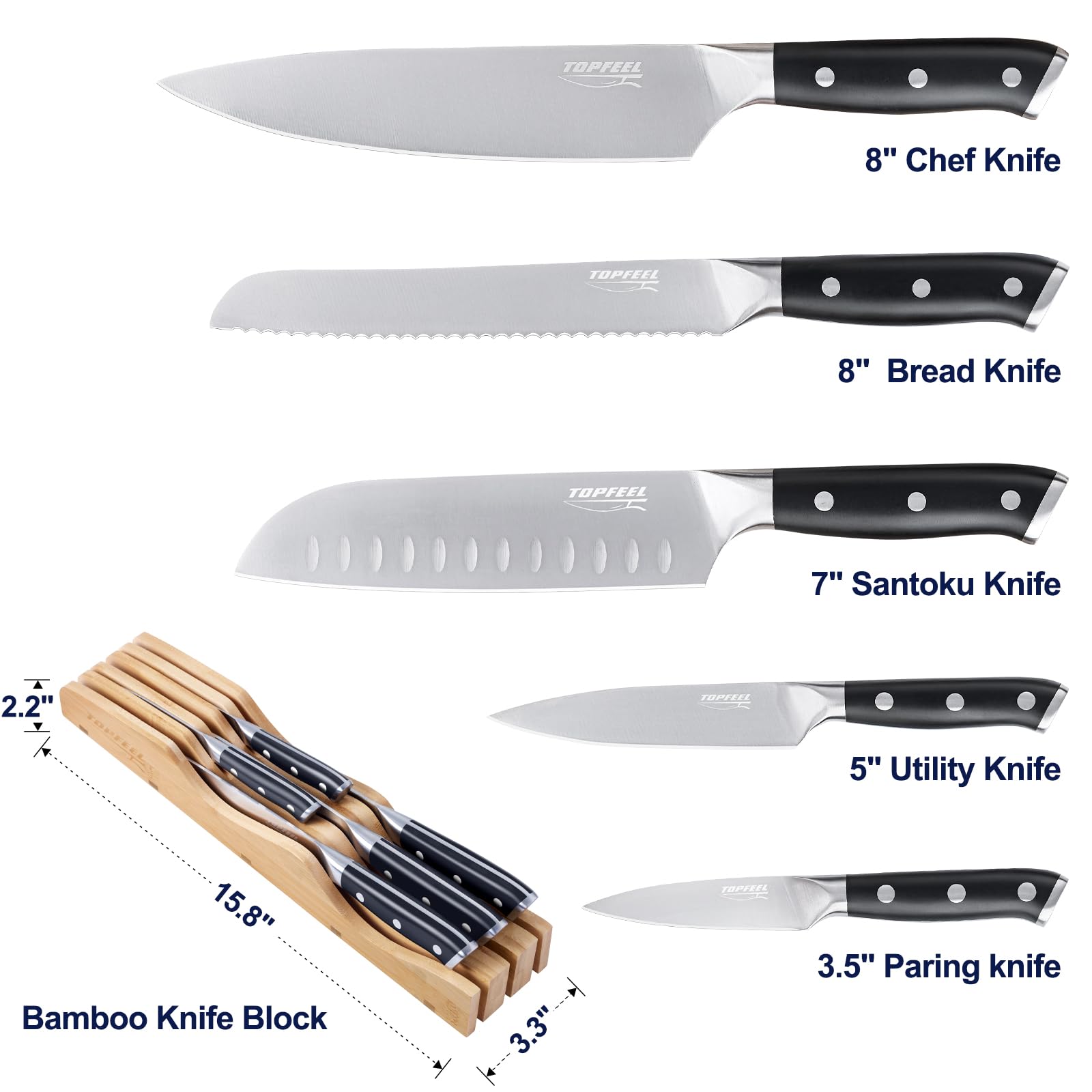 6Pcs Premium German High Carbon Stainless Steel Kitchen Knife Set - 3.5 to 8 Inch Sharp Chef Knives with Ergonomic Handle & Bamboo In-Drawer Organizer - Perfect for Home Cooking, Meat Cutting, Vegetable Chopping and Professional Kitchen Use