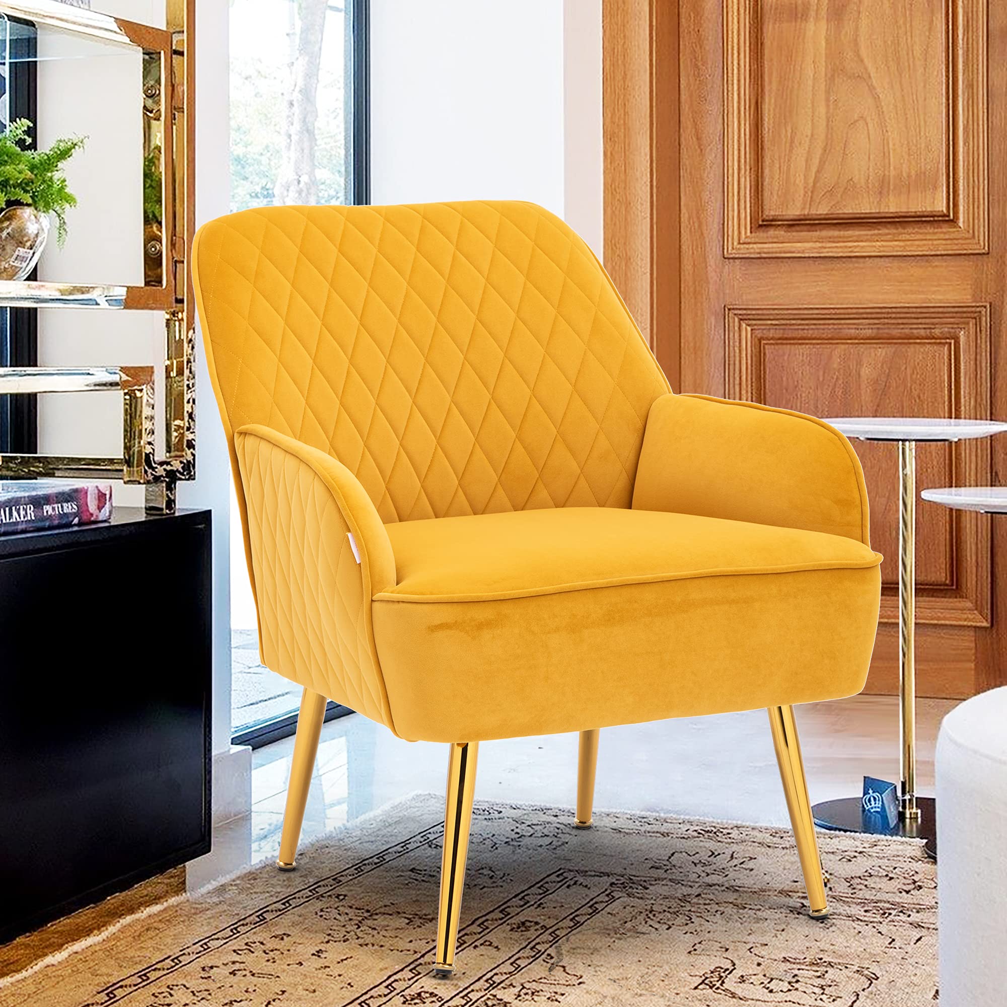 Modern Velvet Accent Chair with Gold Metal Legs - Upholstered Armchair for Living Room, Dining Room, Bedroom, Lounge - Comfortable Club Leisure Guest Chair in Yellow - Perfect for Home Decor, Relaxing & Entertaining