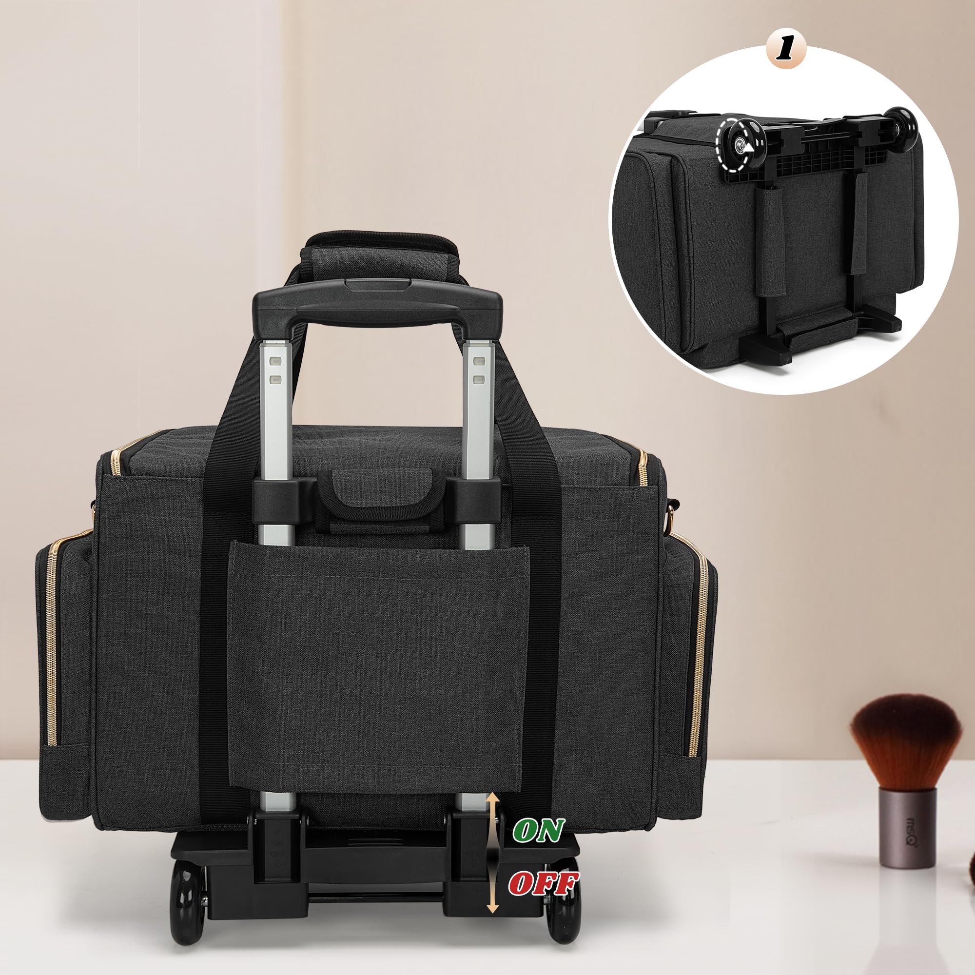 LUXJA Large Rolling Makeup Case with 3 Removable Pouches & Brush Bag - Professional Cosmetic Organizer with Detachable Dolly (Patented) - Perfect for Travel, Salon, and Makeup Artists - Black
