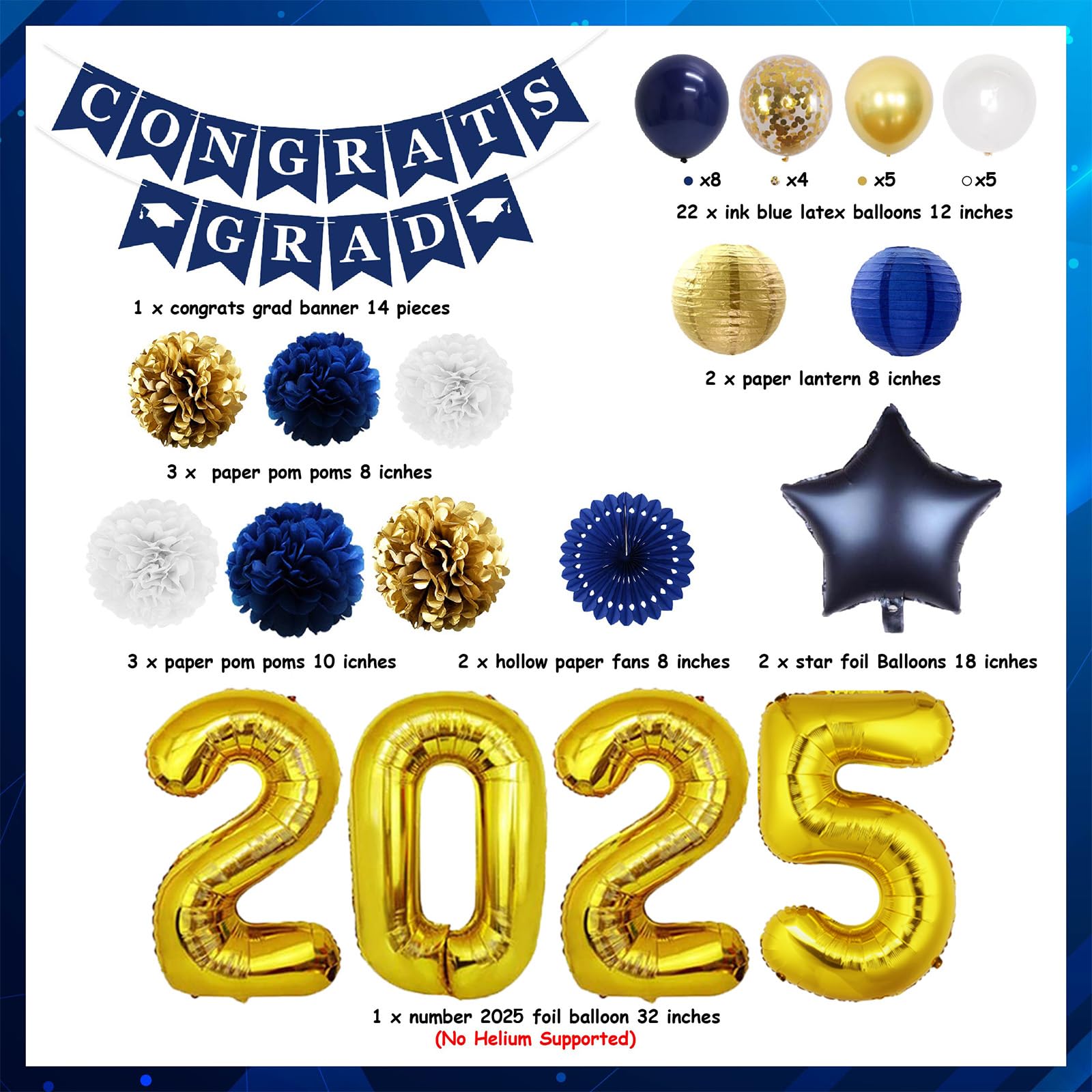 JOYMEMO Navy Blue & Gold Graduation Decorations 2025 - Congrats Grad Banner, Tissue Pom Poms, Paper Lanterns & Number 2025 Foil Balloons for Class of 2025 Party | Perfect for Graduation Ceremony Decor, College Grad Party & High School Celebration