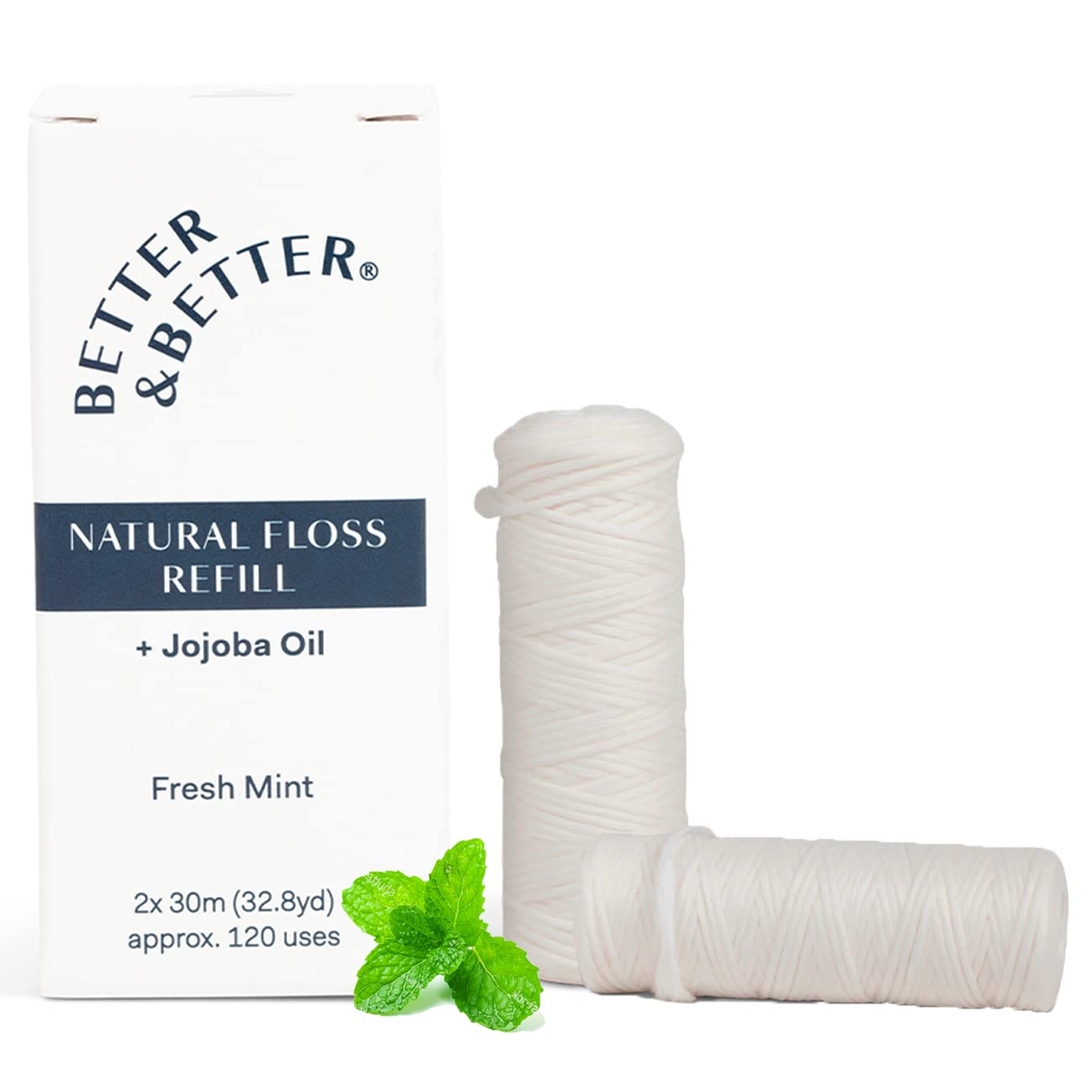 Better & Better Natural Floss Refill | Vegan, 100% Plant-Based Waxed Dental Floss with Jojoba & Peppermint Oil | Moisturizing, Soothing & Eco-Friendly | Perfect for Sensitive Gums & Sustainable Oral Care Routine