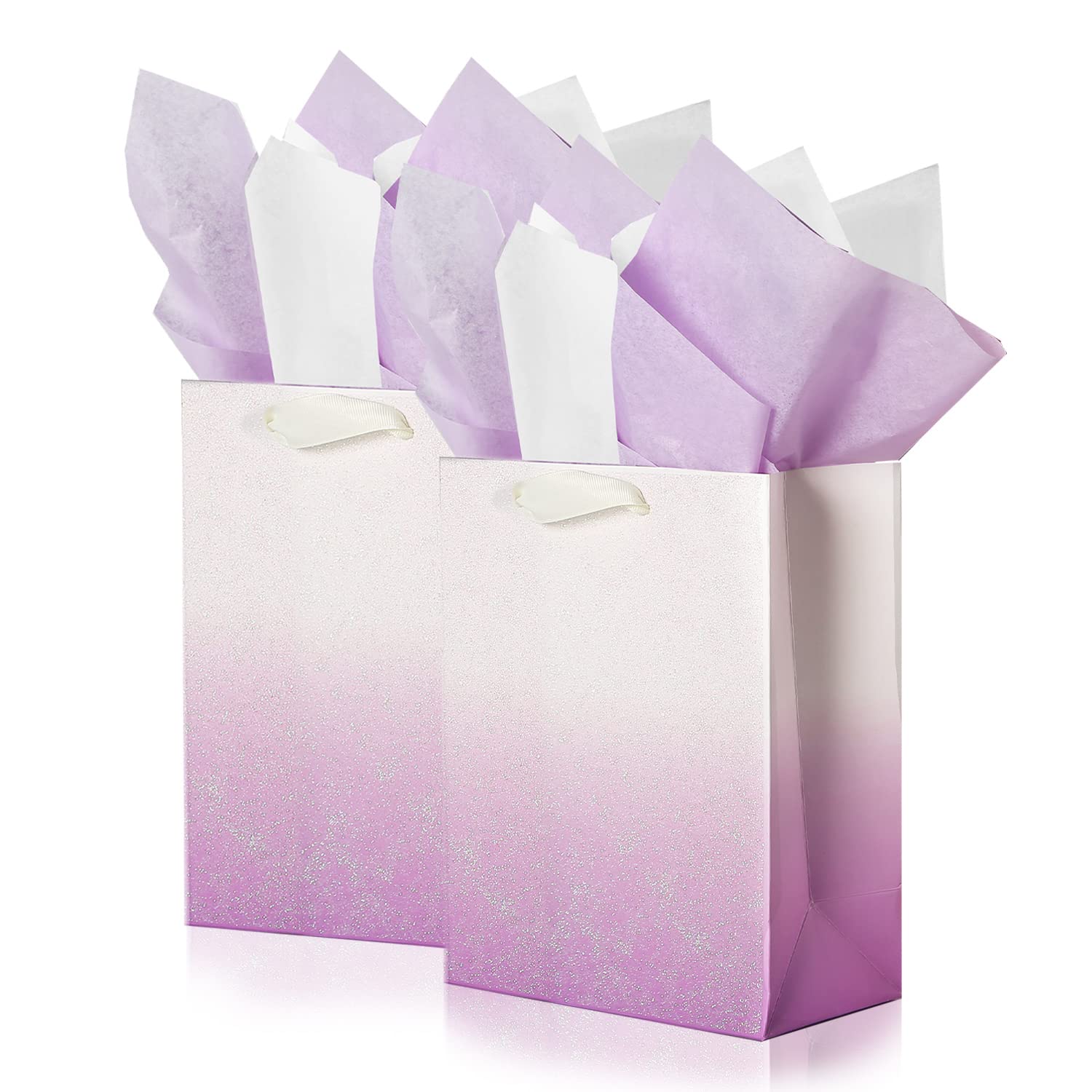 12Pcs Purple Glitter Ombre Gift Bags Bulk - 100% Recyclable Wrapping Paper Bags for Bridal Shower, Baby Shower, Wedding, Birthday Party Favors - Medium 9x7x4 inch - Perfect for Easter, Mother's Day & Thank You Gifts