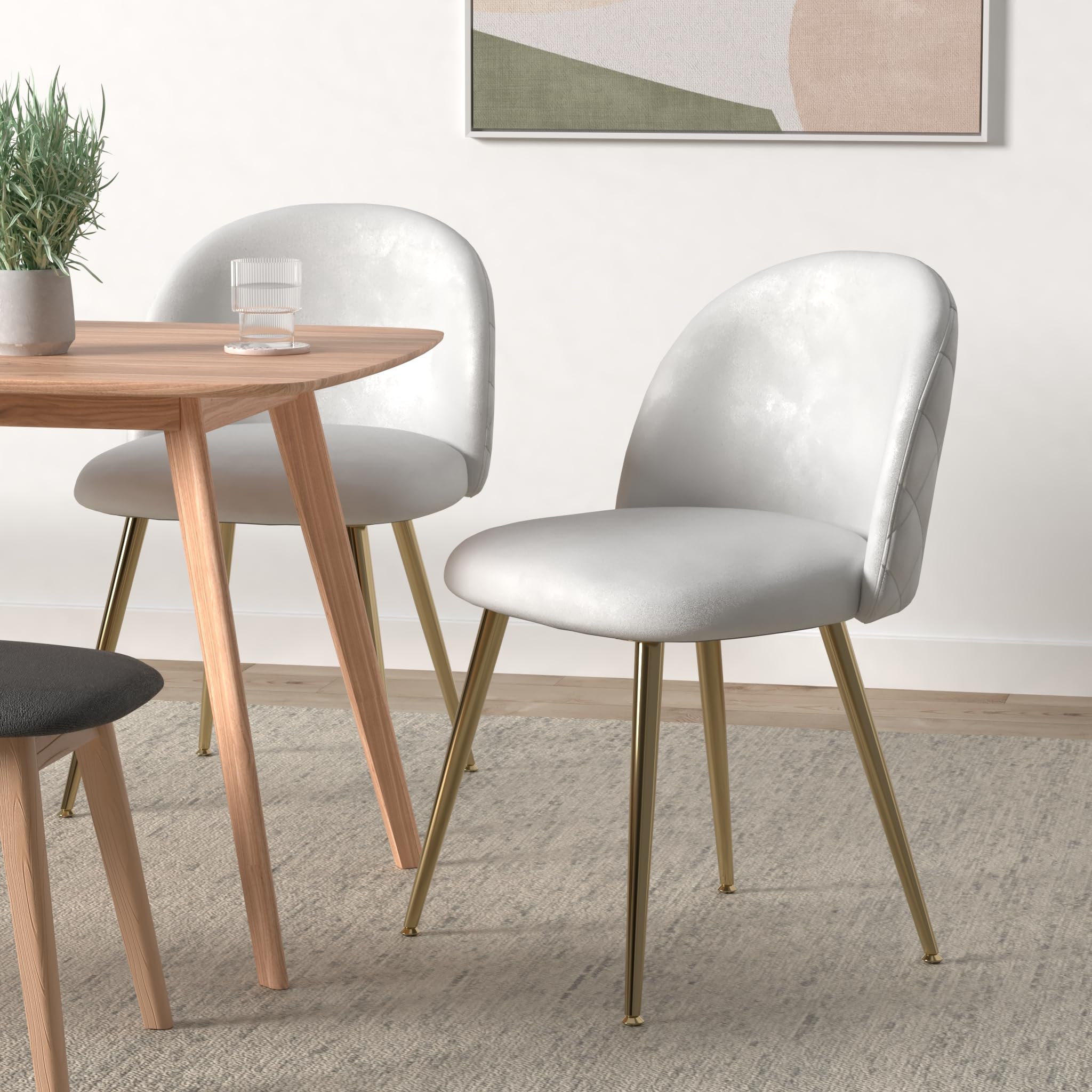 Wahson Set of 2 Velvet Dining Room Chairs - Grey Velvet Upholstered Hostess Chairs with Golden Chrome Legs for Kitchen, Dining Room & Home Decor