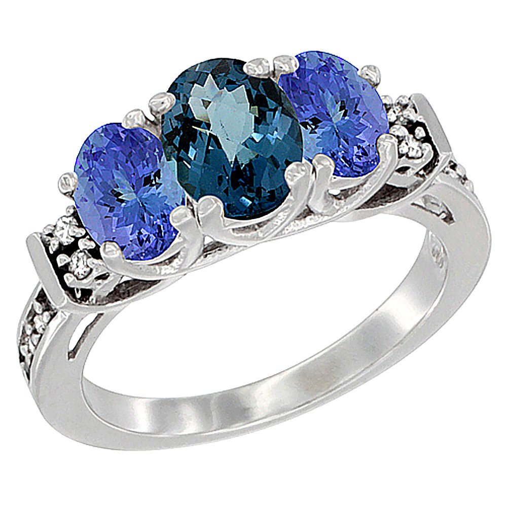 14K White Gold Natural London Blue Topaz & Tanzanite Ring with 3-Stone Oval Diamond Accent - Size 5-10 | Elegant Engagement, Anniversary & Gift Jewelry for Women