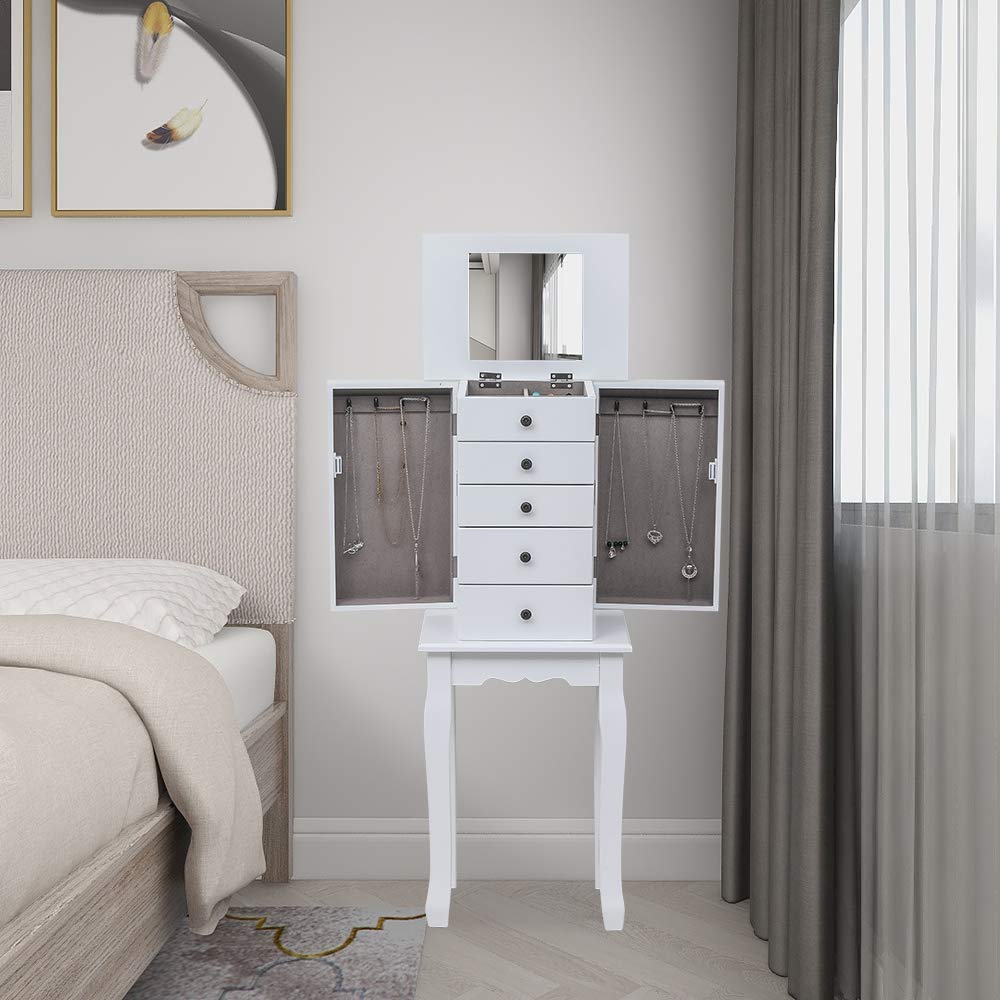 Standing Jewelry Armoire with Mirror & Top Storage Organizer - Jewelry Cabinet Chest with 2 Side Drawers for Bedroom, Closet & Dressing Room Organization