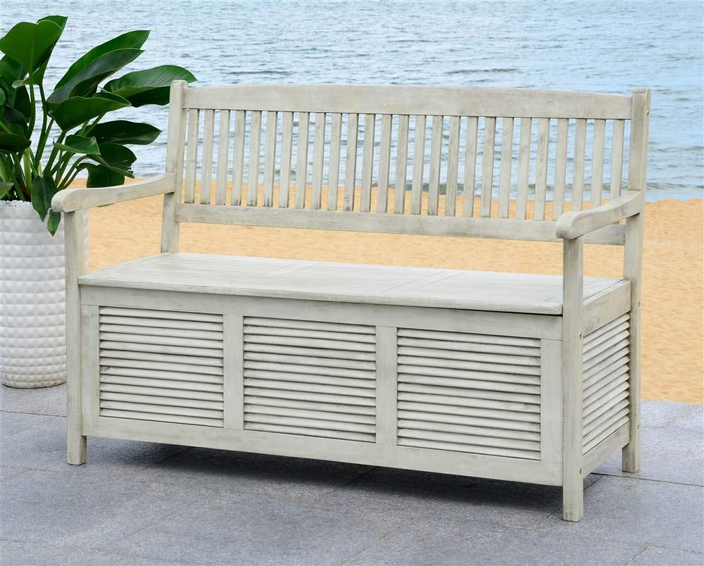 SAFAVIEH Outdoor Collection Brisbane Grey Storage Bench - Weatherproof Patio Furniture with Cushion Seat for Garden, Deck, and Porch