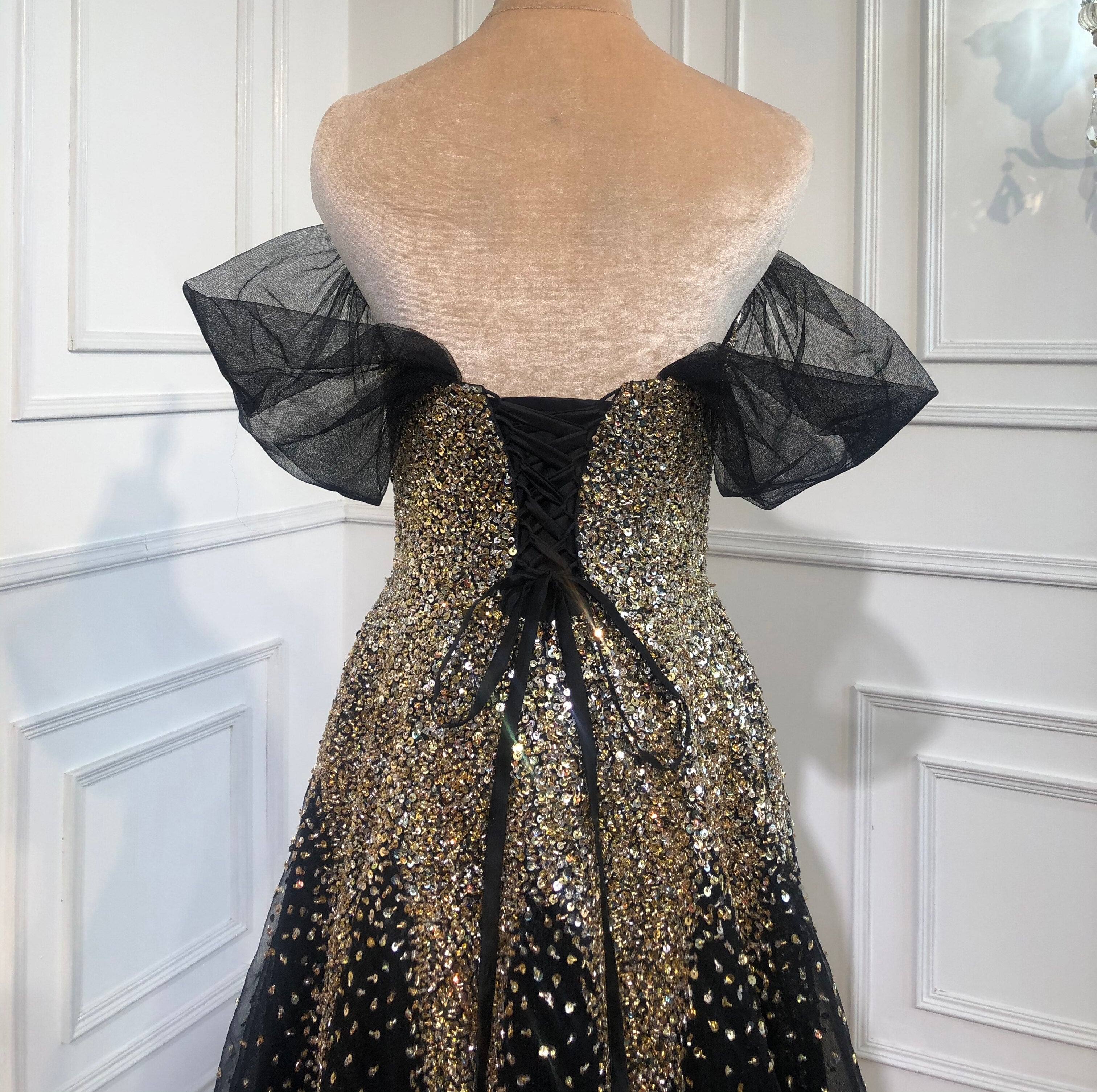 Serene Hill Luxury Black Gold A-Line Evening Gowns for Women 2025 - Sparkle Beaded Sexy Party Dresses for Prom, Gala & Special Occasions - LA70838