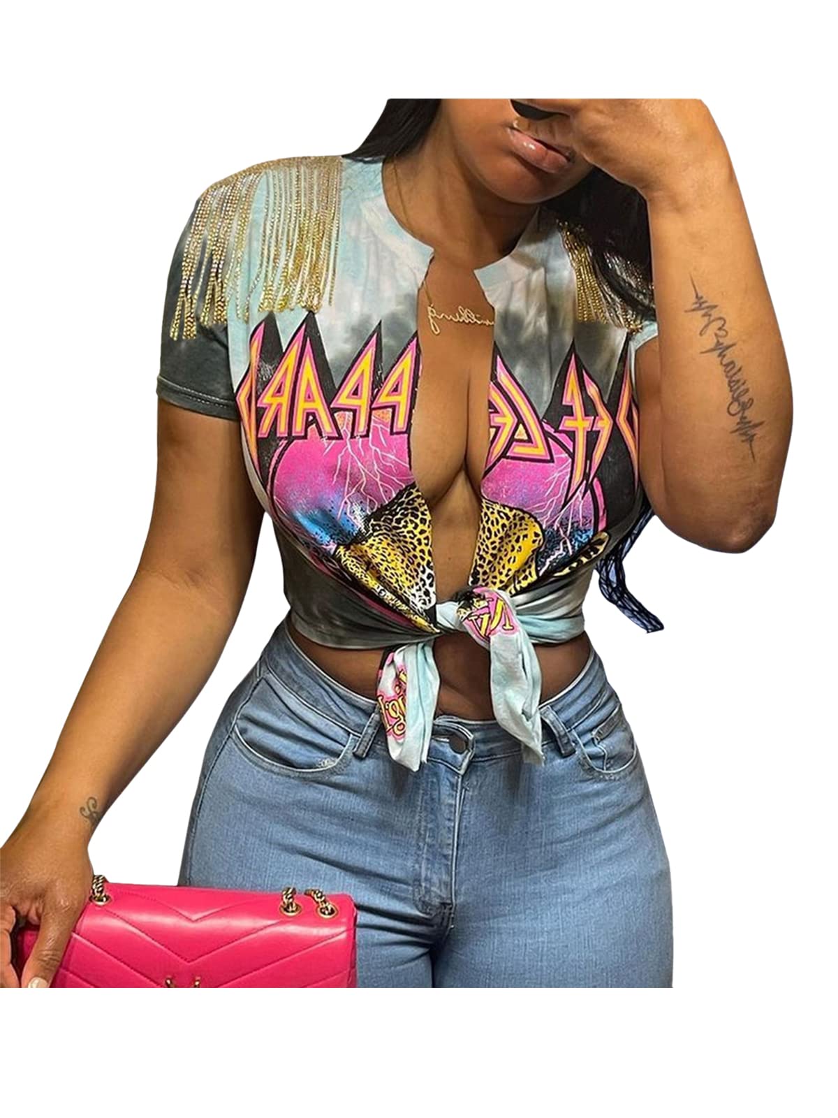 Bornpom Women's Sexy Graphic Tee - Low Cut V Neck Fringe Short Sleeve Shirt with Knot Front | Casual Summer Top for Date Night & Party Outfits