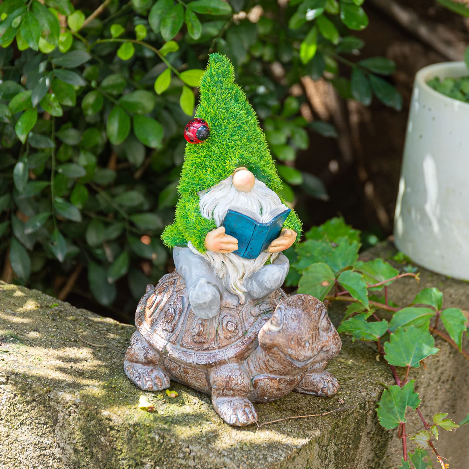 Solar-Powered Garden Gnome Sitting on Turtle Statue - Outdoor Decor with LED Lights for Patio, Yard, Lawn & Porch - Perfect for Fairy Gardens & Landscape Decoration