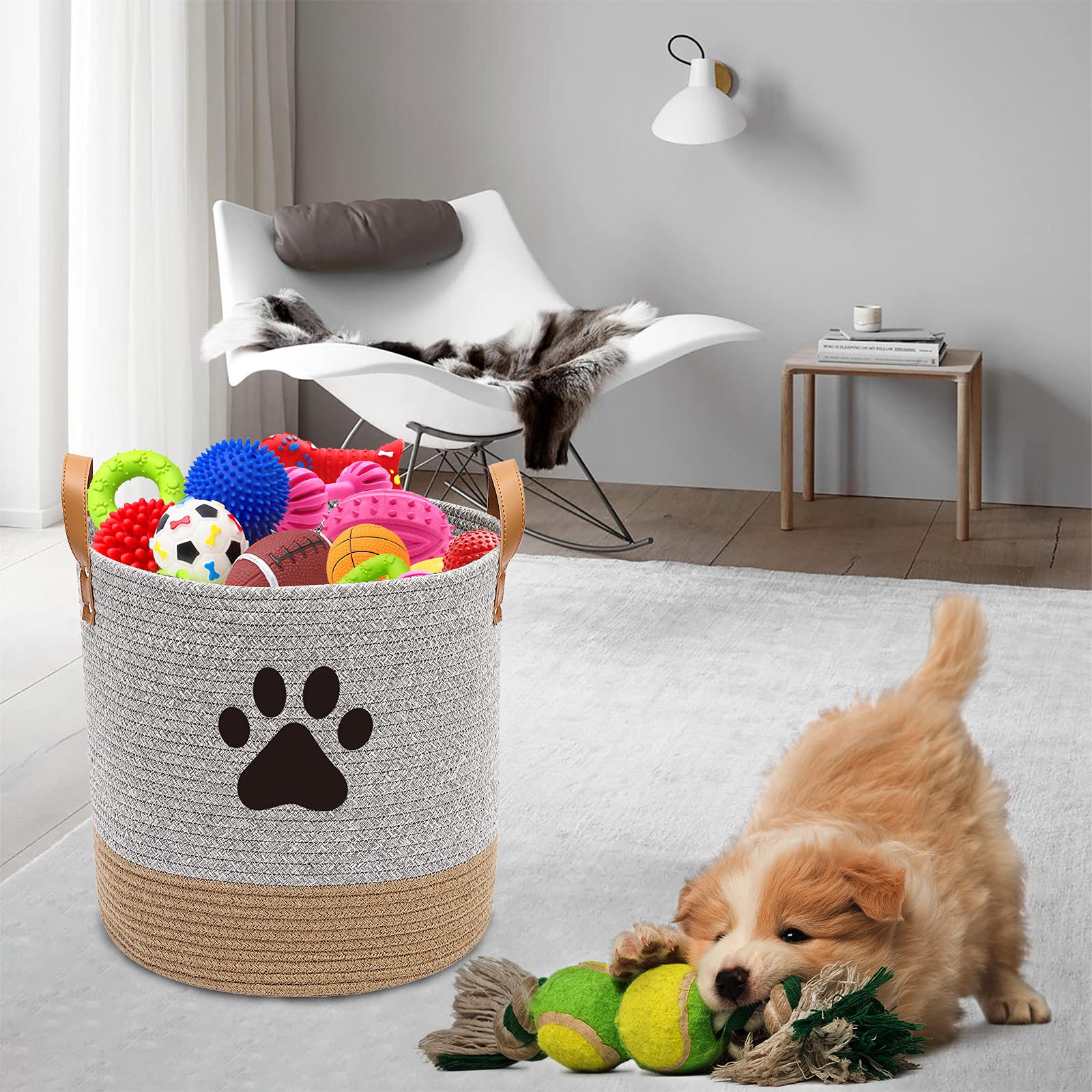 Organic Cotton Rope Dog Toy Basket - Pet Toy Organizer for Puppies, Blankets & Leashes - Gray Beige Storage Bin - Ideal for Pet Playrooms, Living Room Organization & Laundry Storage