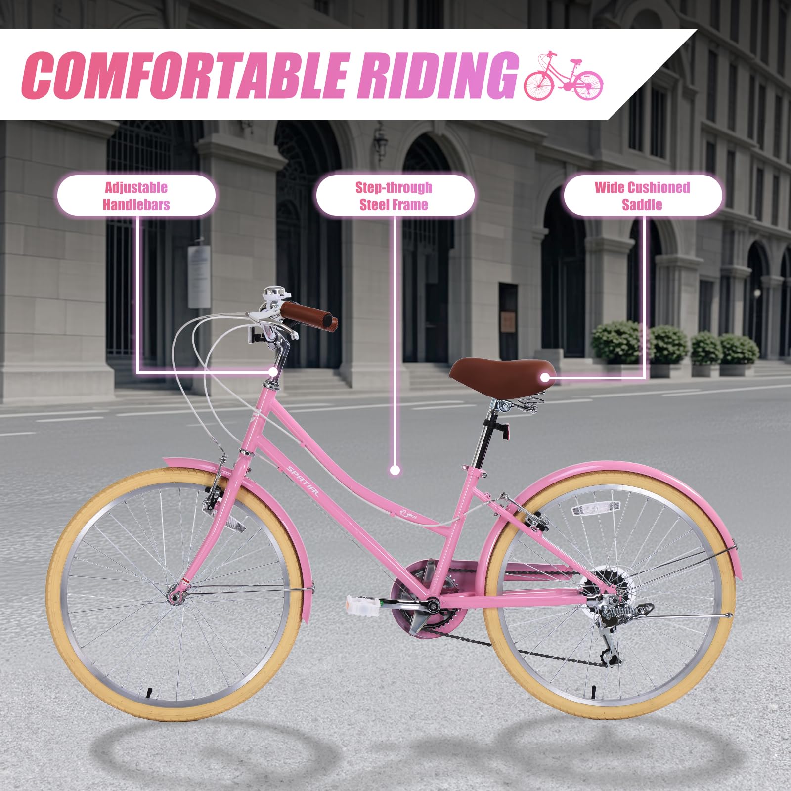 SPATIAL Women's 24 Inch Beach Cruiser Bike - 6 Speed Comfortable City Bicycle for Adults with Dual V-Brake, Step-Through Frame & Multiple Colors | Perfect for Commuting, Leisure Rides & Coastal Cycling