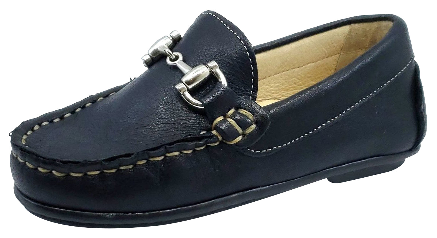 Andanines Boys' Chain Loafers - Navy Blue Leather Dress Shoes with Black Outsole for School, Church & Formal Occasions