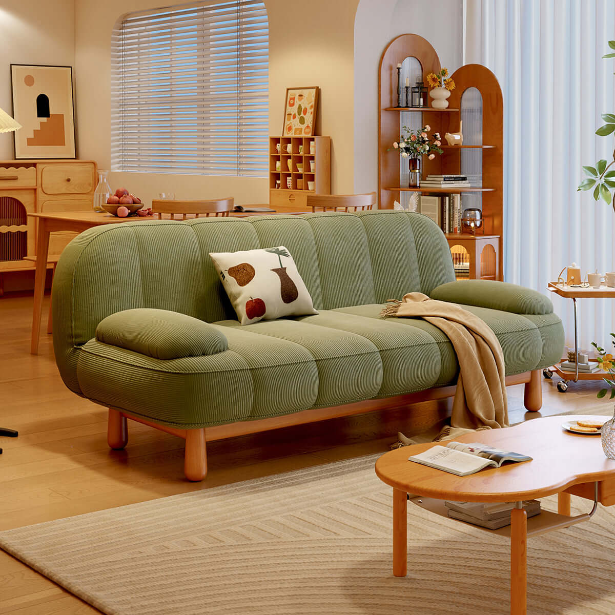 Modern Japandi Loveseat Folding Sofa Bed - Cream White & Green Corduroy Fabric - Space Saving Convertible Sleeper for Small Apartments, Guest Rooms & Home Offices