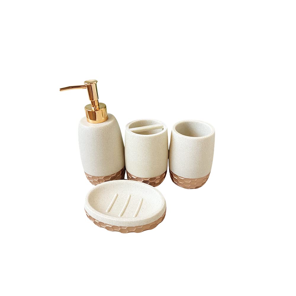 Honeycomb Bathroom Accessory Set - 4 Piece Vanity Organizer with Soap Dispenser, Toothbrush Holder, Toothbrush Cup & Soap Dish | Modern Bathroom Decor for Countertop Organization