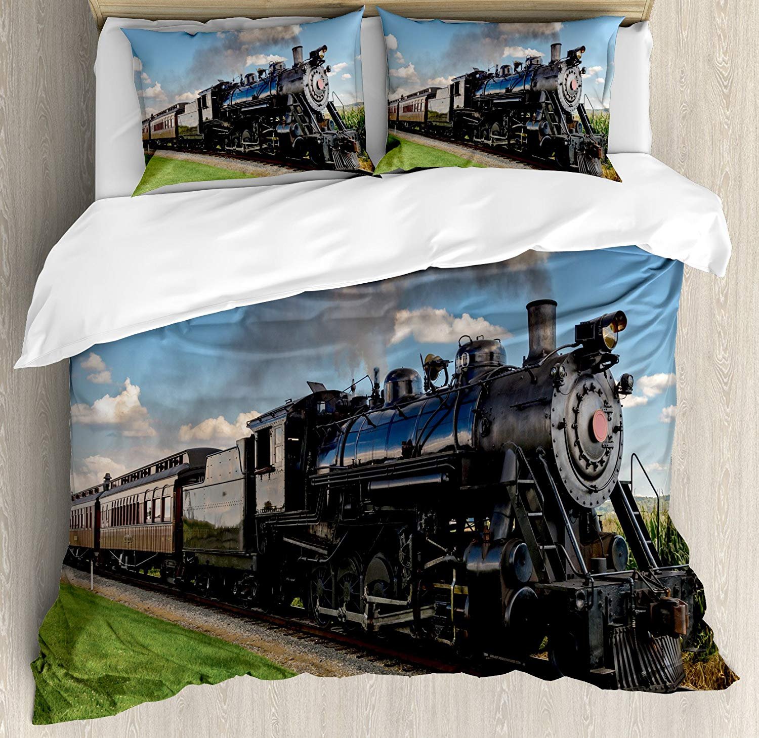Steam Engine Full Size Duvet Cover Set - Vintage Locomotive Countryside Scenery with Green Grass Puff Train Design | 3-Piece Bedding Set for Kids, Teens & Adults | Perfect for Train Enthusiasts' Bedrooms & Themed Decor