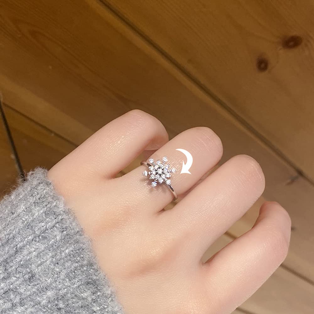 Christmas Snowflake Open Band Rings for Women - Cubic Zirconia Spinner Rings for Anxiety Relief, Adjustable Stackable Fashion Jewelry - Perfect Birthday, Xmas Gifts & Stress Relief Accessories for Daily Wear