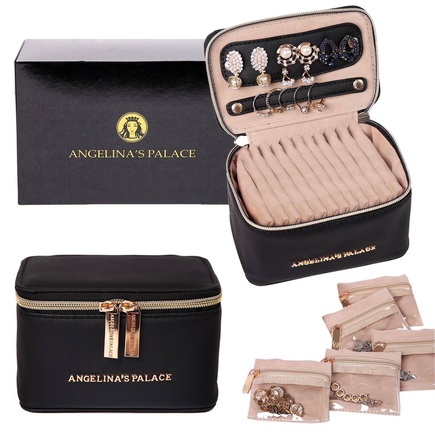 Angelina's Palace Jewelry Organizer Travel Case - Vegan Leather Storage Box for Necklace, Earrings, Bracelet & Ring - Perfect Bridesmaid Gift & Travel Accessory (Black) - Ideal for Bridal Showers, Bachelorette Trips & Home Organization