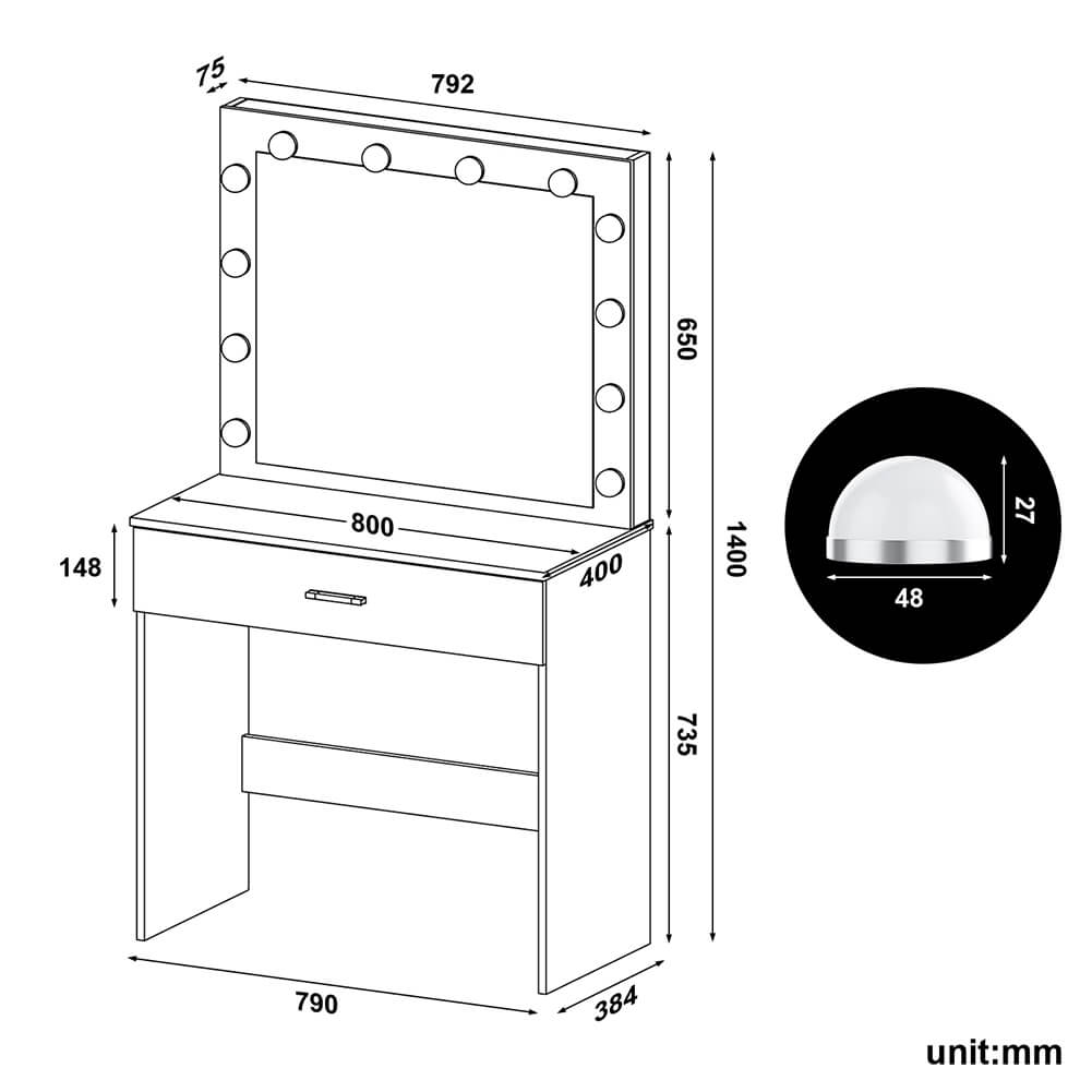 Modern Vanity Table Set with Stool, 12 LED Bulup Mirror & Jewelry Organizer - Elegant Dressing Table for Makeup & Beauty Routine | Perfect for Bedroom, Bathroom & Bridal Suite Decor