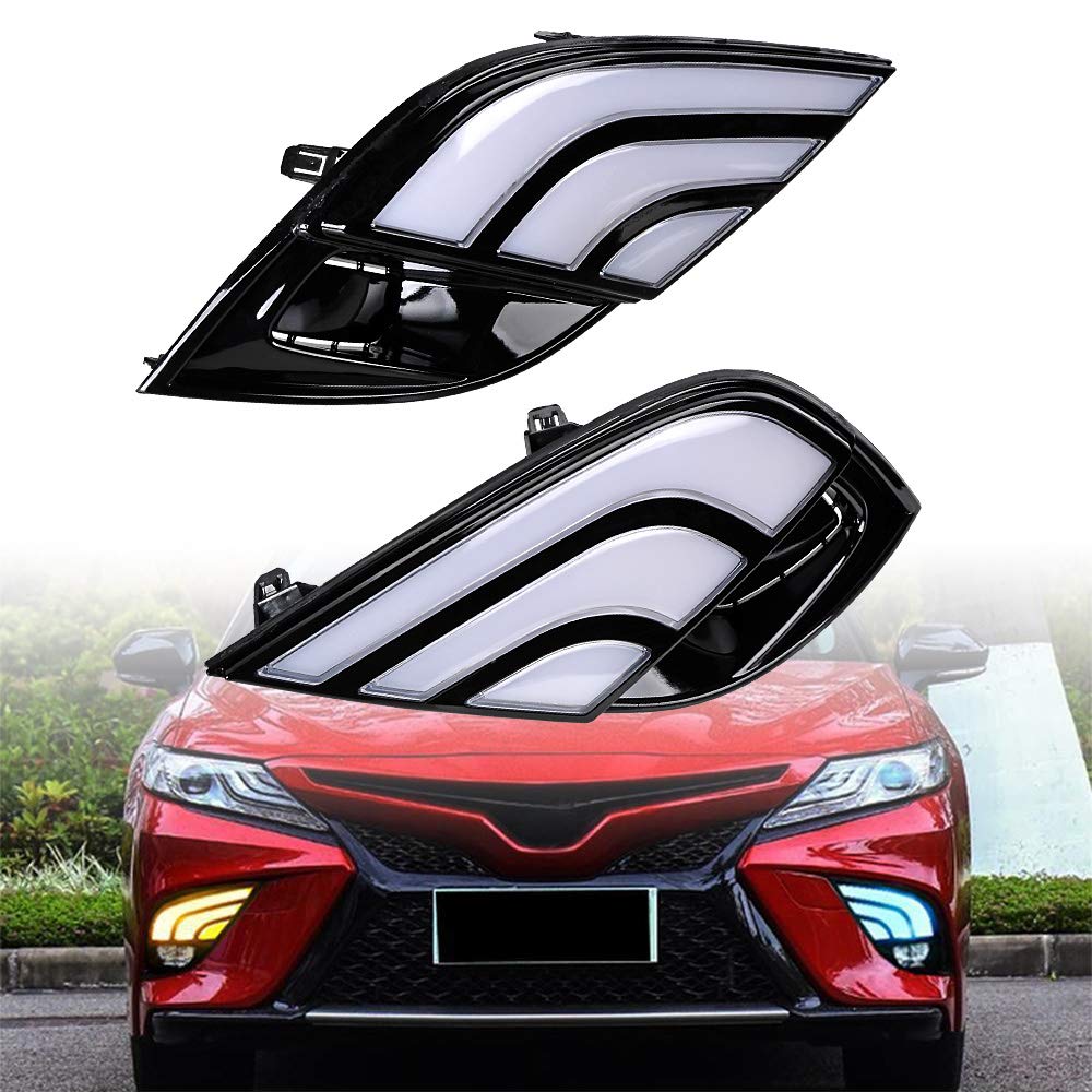 Pair of Car LED DRL Daytime Running Lights with Yellow Turn Signal & Fog Light - Xenon White Driving Lights Compatible with Toyota Camry XSE SE 2018-2020 Models | Perfect for Night Driving & Enhanced Visibility