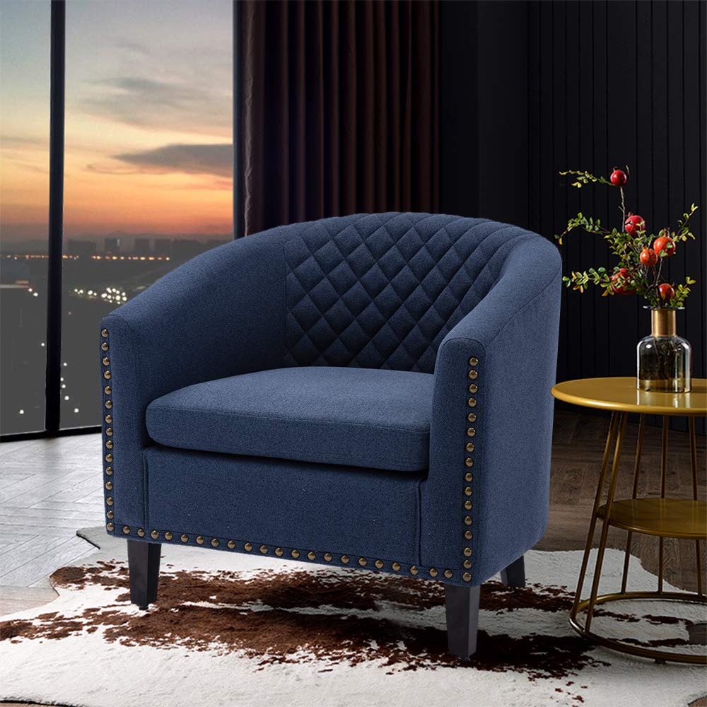 SSLine Classic Upholstered Accent Armchair - Soft Linen Fabric Barrel Club Chair with Solid Wood Legs & Nailhead Trim - Navy Blue Living Room Sofa, Office Guest Chair, Bedroom Seating - Comfortable Single Seater for Home Decor