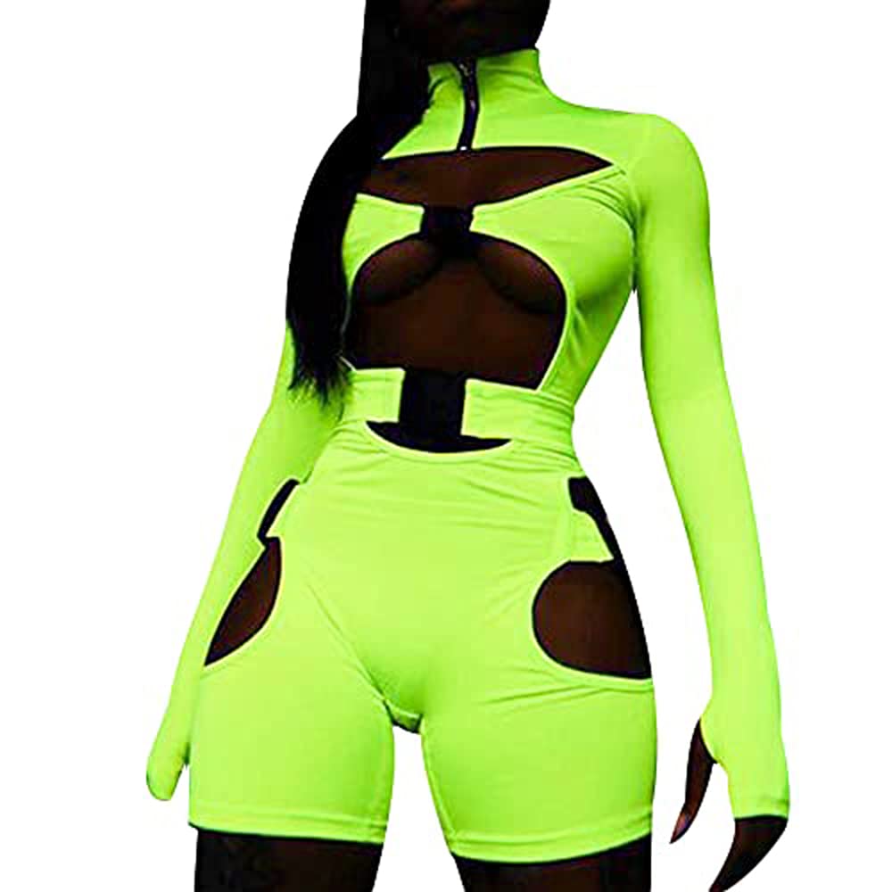 Sexy Hollow Out Romper for Women - Long Sleeve Cut Out Bodysuit with Buckle Detail | Y2K Clubwear, Biker Shorts Jumpsuit | Perfect for Night Out, Party, and Festival Fashion