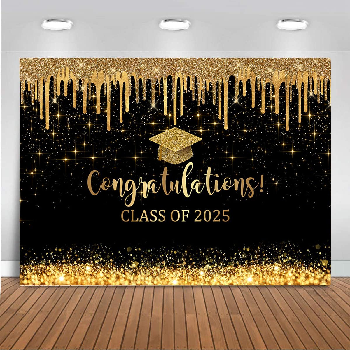 2025 Black & Gold Graduation Backdrop 7x5ft - Class of 2025 Congrats Grad Banner & Photo Background - Perfect for Graduation Parties, School Events & Photo Booths