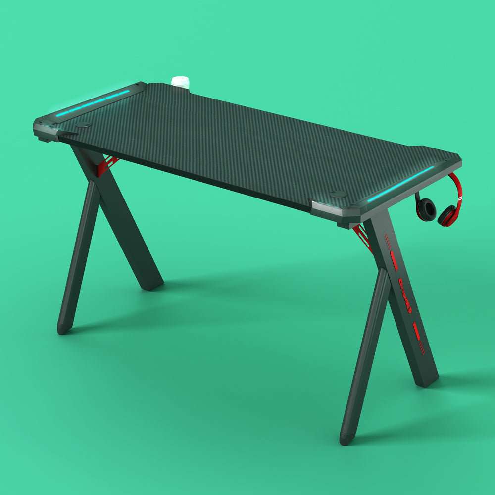 140cm RGB Gaming Desk with LED Lights - Carbon Fiber Y-Shaped Black PC Table for Home Office & Gaming Setup | Perfect for Esports, Streaming & Workstations