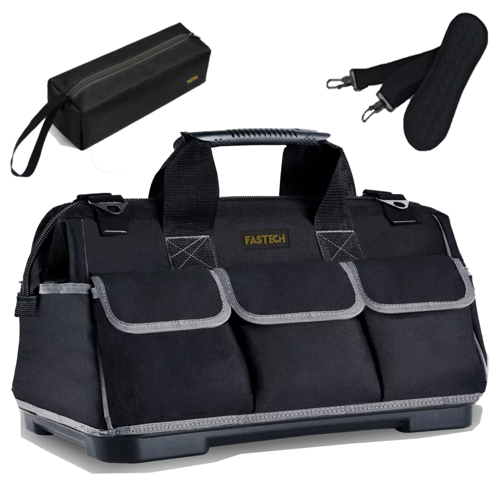 22-Inch Wide Mouth Waterproof Tool Bag with Molded Base & Adjustable Shoulder Strap - Durable Men's Tool Organizer for Construction, Electricians & DIY Projects