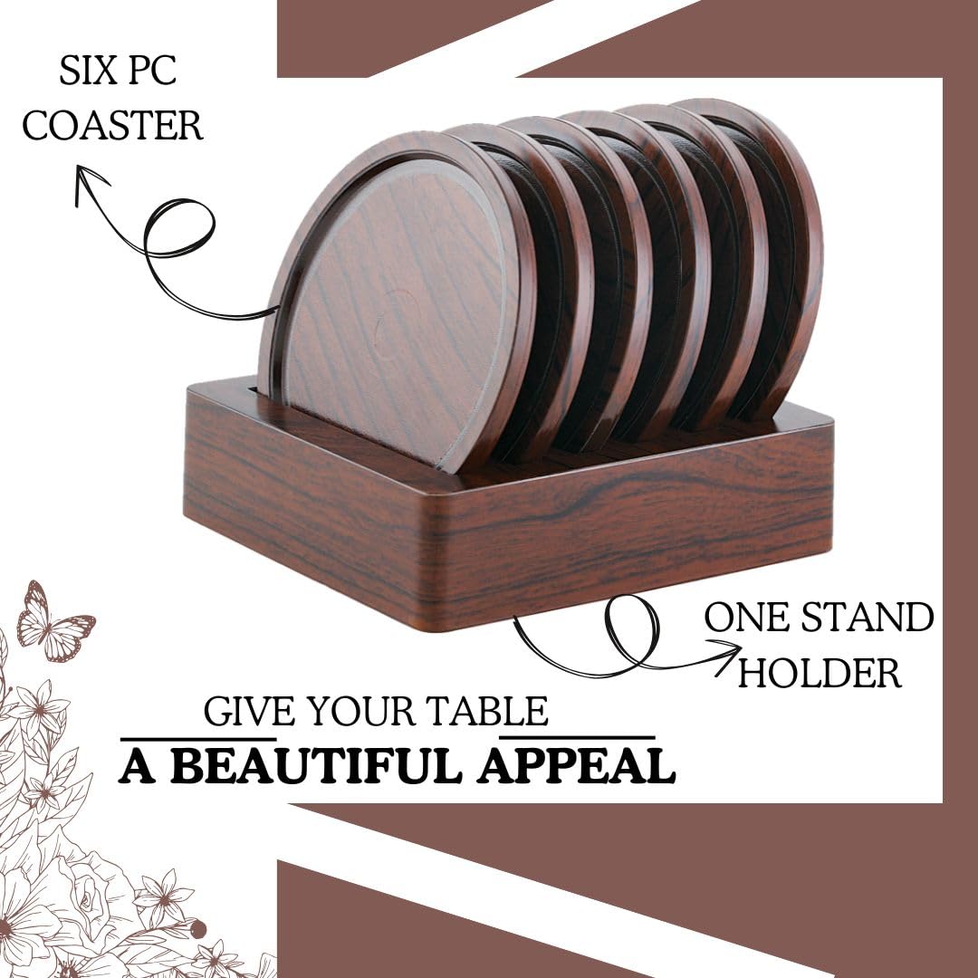 Stylish Nabhya 6-Piece Plastic & Steel Coaster Set with Holder for Coffee Mugs, Beer Cans, Tumblers & Water Glasses - Brown - Perfect for Home, Office & Bar Use