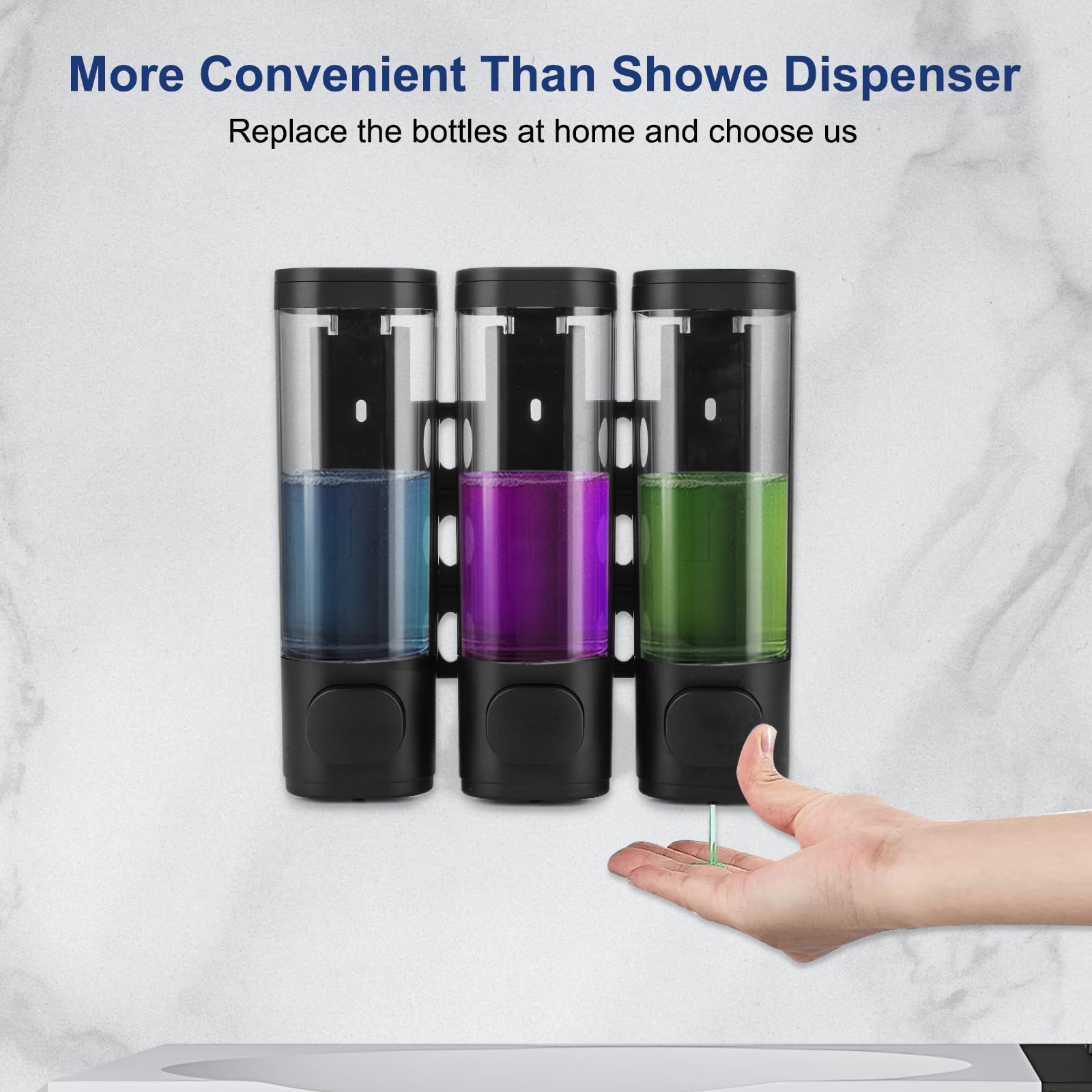 6-Piece No-Drill Shampoo and Conditioner Dispenser Set - Wall Mounted 3-Chamber Soap Dispenser for Bathroom, Kitchen & Hotel - Leakproof & Easy to Use (Black) - Perfect for Shower Organization and Space Saving in Small Bathrooms