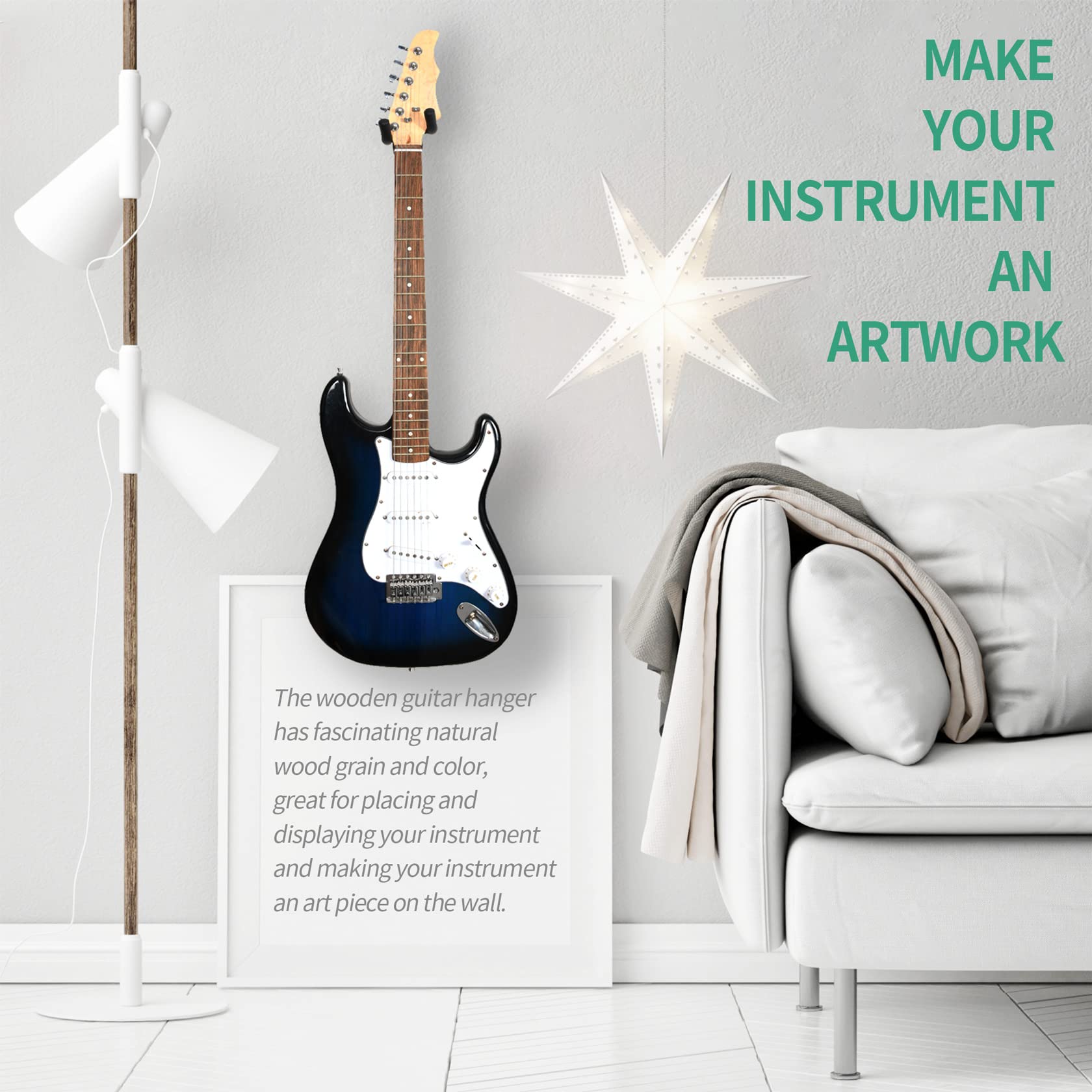 WOGOD Solid Wood Guitar Wall Mount Hanger Holder - Secure Storage for Acoustic, Electric, Bass Guitars & Ukuleles - Space-Saving Wall Stand for Bedroom, Studio, or Music Room Decor