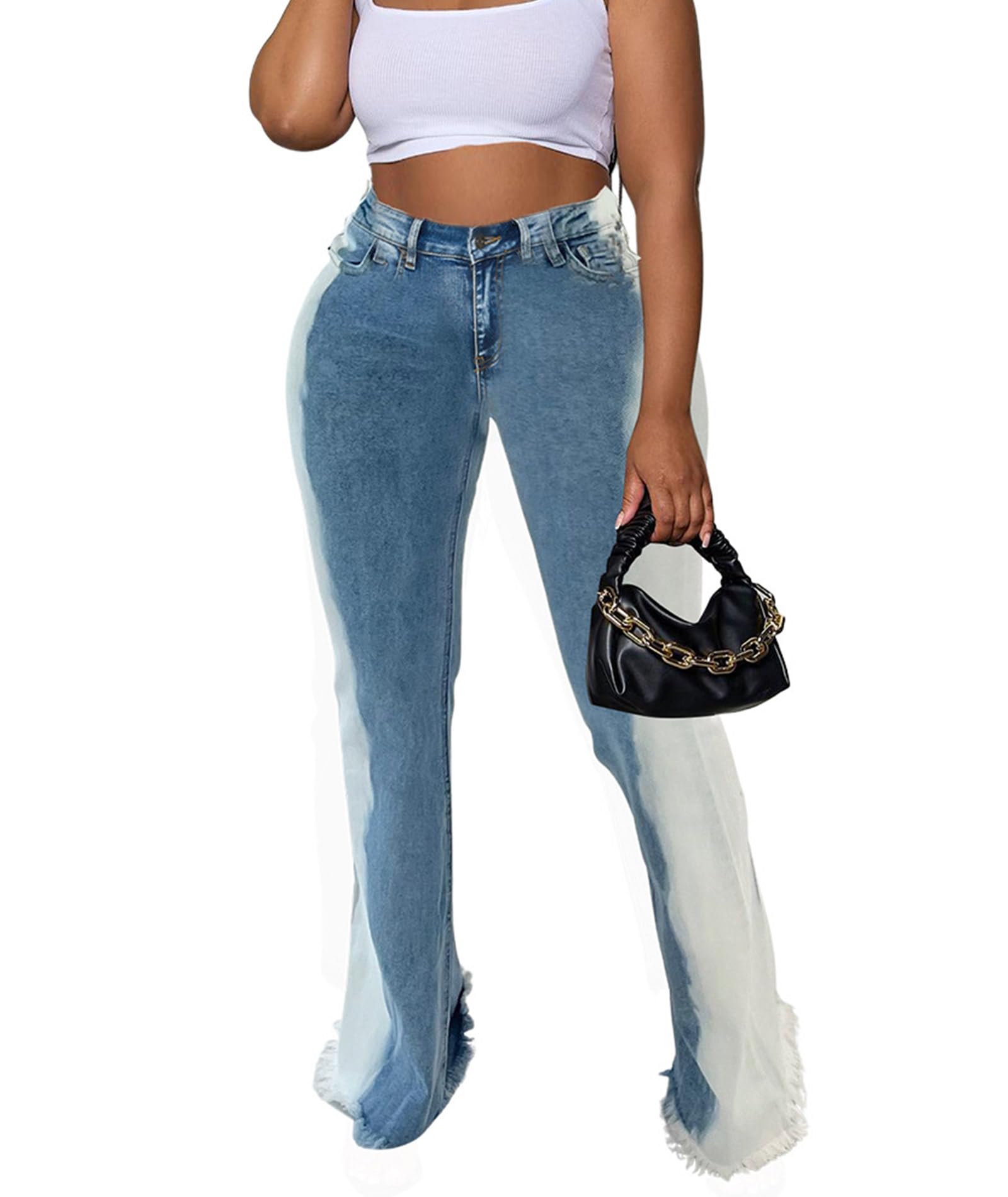Sexyshine Women's High Waist Bell Bottom Jeans - Distressed Raw Hem Flare Pants with Tassel Detail & Gradient Color Block for Casual Outfits & Retro Fashion