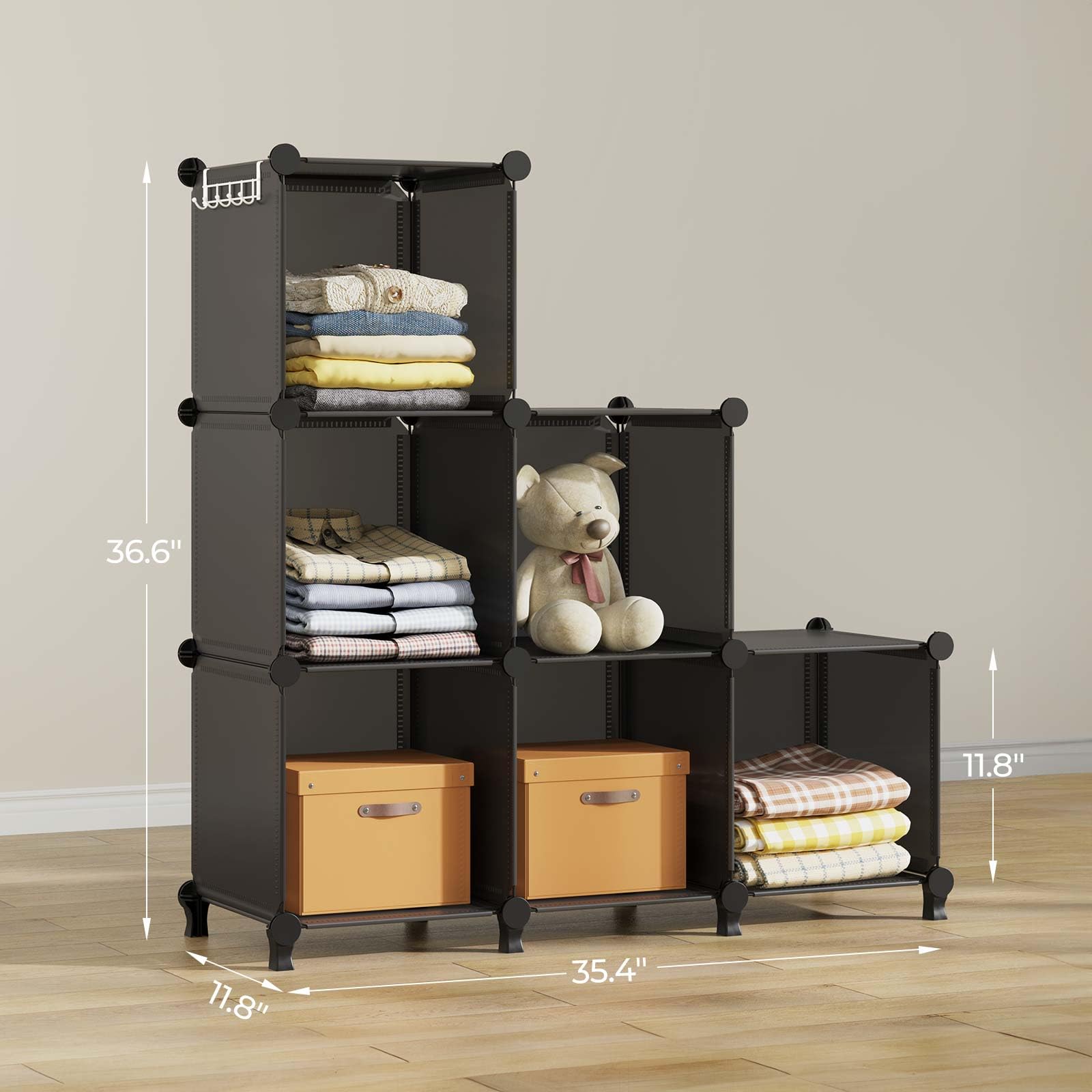 GREENSTELL 6-Cube Closet Organizer & Storage Shelf - Portable Wardrobe Organizer for Kids Clothes, Bedroom, Office - Black | Space-Saving Storage Solution for Home & Office Organization
