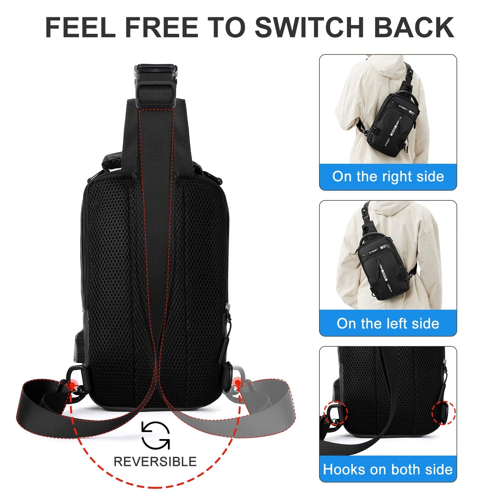 Large Black Sling Bag for Men & Women - Anti-Theft Crossbody Backpack with USB Port for Travel, Hiking, Gym & Outdoor Sports | Perfect for Motorcycle Riding, Casual Use & Daily Commute
