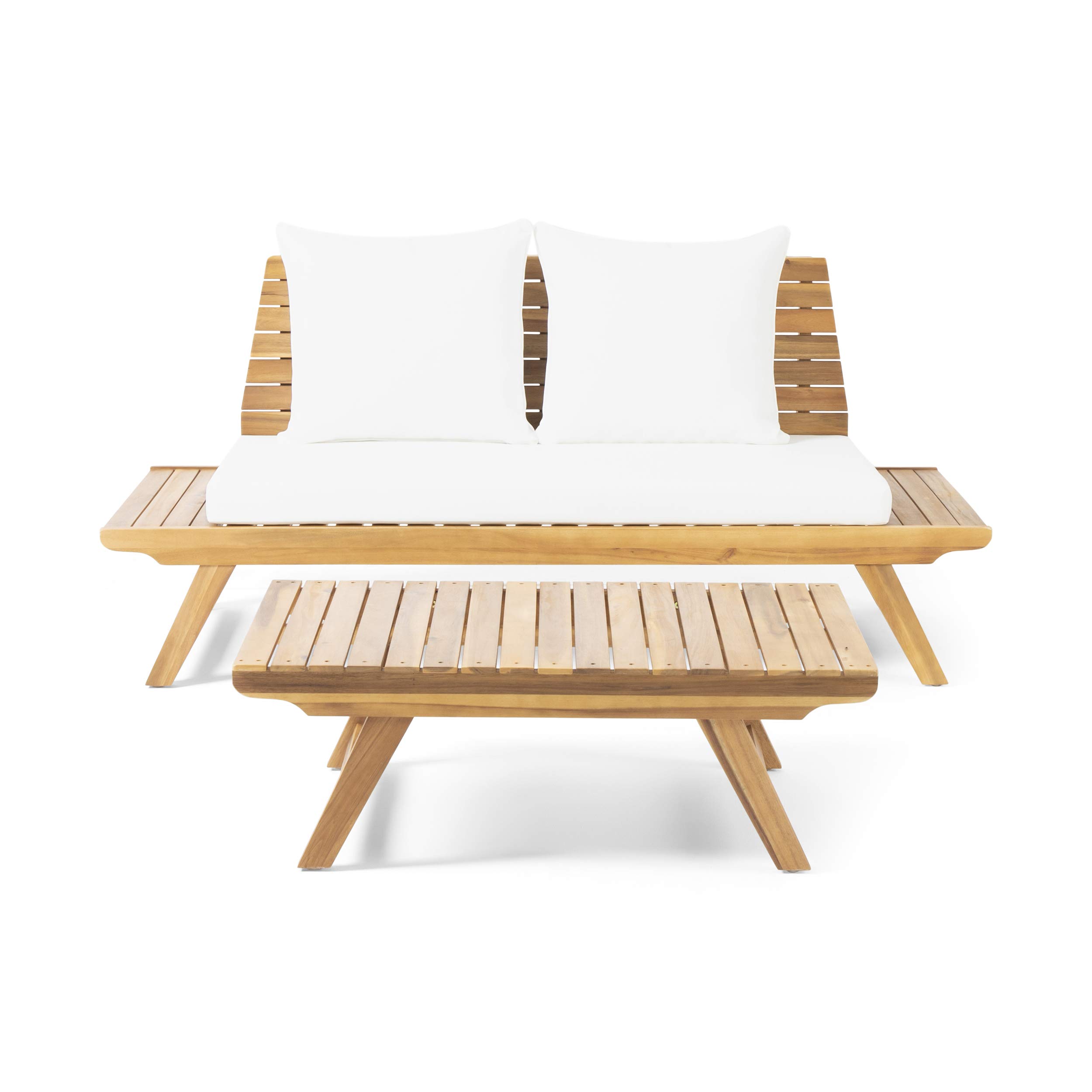 GDFStudio Outdoor 2-Seater Acacia Wood Loveseat with Coffee Table Set - Teak & White Patio Furniture for Garden, Deck, or Poolside Relaxation