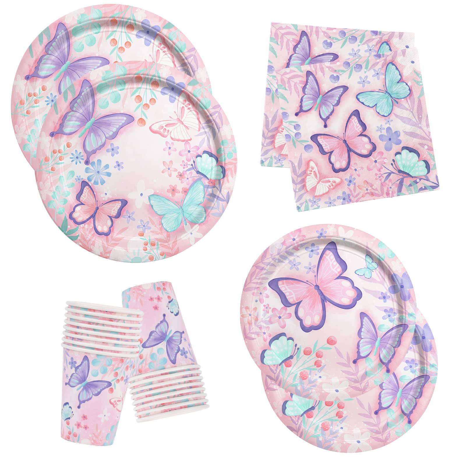 Butterfly Themed Birthday Party Supplies Set - 16-Pack Disposable Paper Plates, Napkins & Cups for Girls Birthday Decorations | Perfect for Garden Parties, Baby Showers & Themed Celebrations