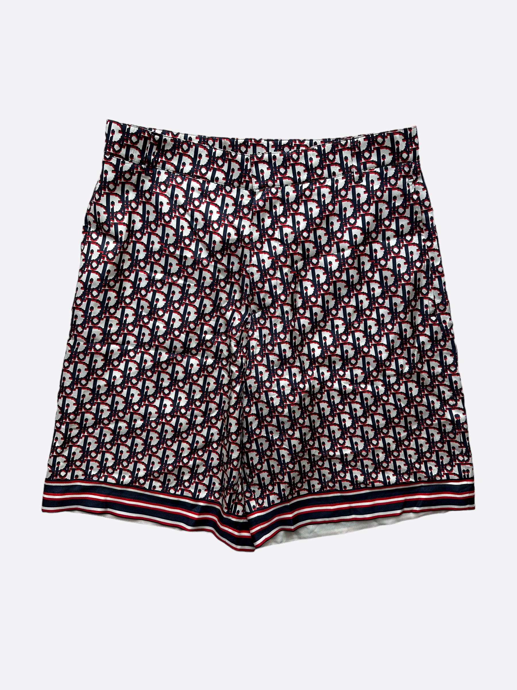 Dior Blue & Red Pixel Oblique Bermuda Silk Shorts for Women - Luxury High Waisted Summer Fashion Shorts | Perfect for Beach Vacations, Pool Parties & Casual Outings