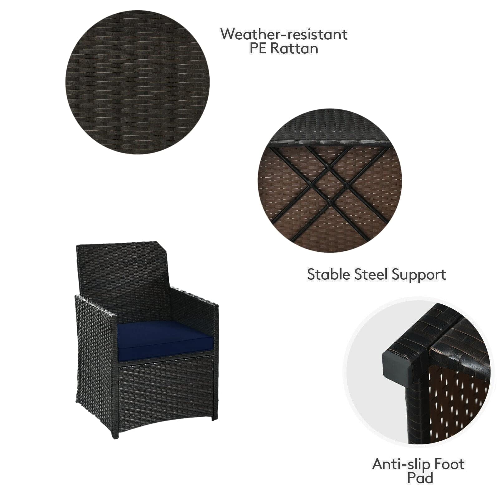 Navy Blue 3-Piece PE Rattan Patio Conversation Set - Outdoor Dining Bistro Set with 2 Single Sofas & Glass-Top Coffee Table - Ergonomic Backrest & Space-Saving Design (Chairs Fit Under Table) - Perfect for Backyard, Garden, Poolside & Small Balcony Relaxation