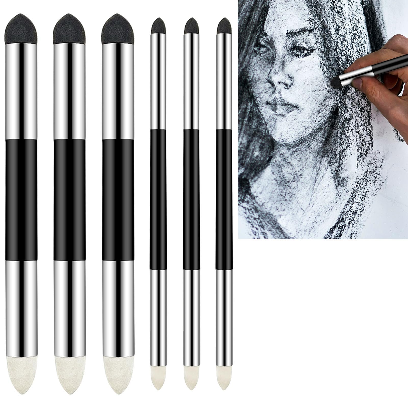 6 Pcs Double Headed Blending Sponge Pens - Washable Reusable Artist Blending Stumps for Sketching, Highlighting & Detail Correction - Perfect for Professional Artists & Beginners (Ideal for Charcoal, Pencil & Pastel Drawing)
