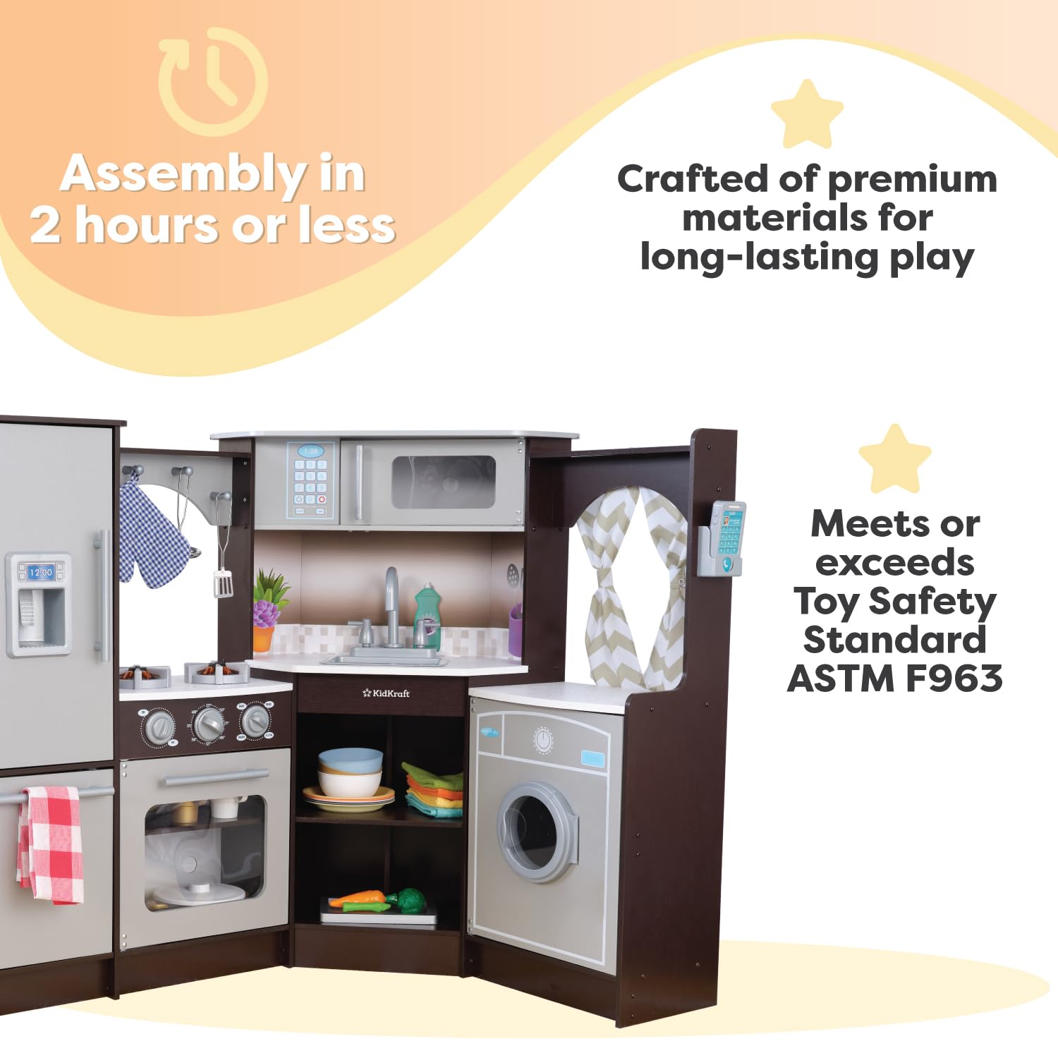 KidKraft Ultimate Corner Wooden Play Kitchen Set with Lights & Sounds, Play Phone & Curtains - Espresso Finish - Pretend Play Toy for Kids Ages 3+ - Perfect for Imaginative Play, Role-Playing & Early Learning Activities