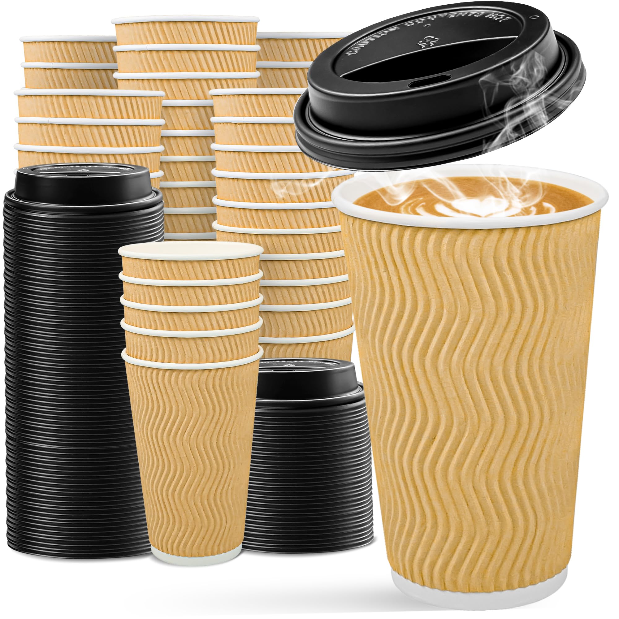 100 Pack 16 oz Disposable Coffee Cups with Lids - Insulated Ripple Wall Paper Cups for Hot & Cold Drinks | Perfect for Parties, Home Use, Travel & Office | Eco-Friendly Beige To-Go Cups
