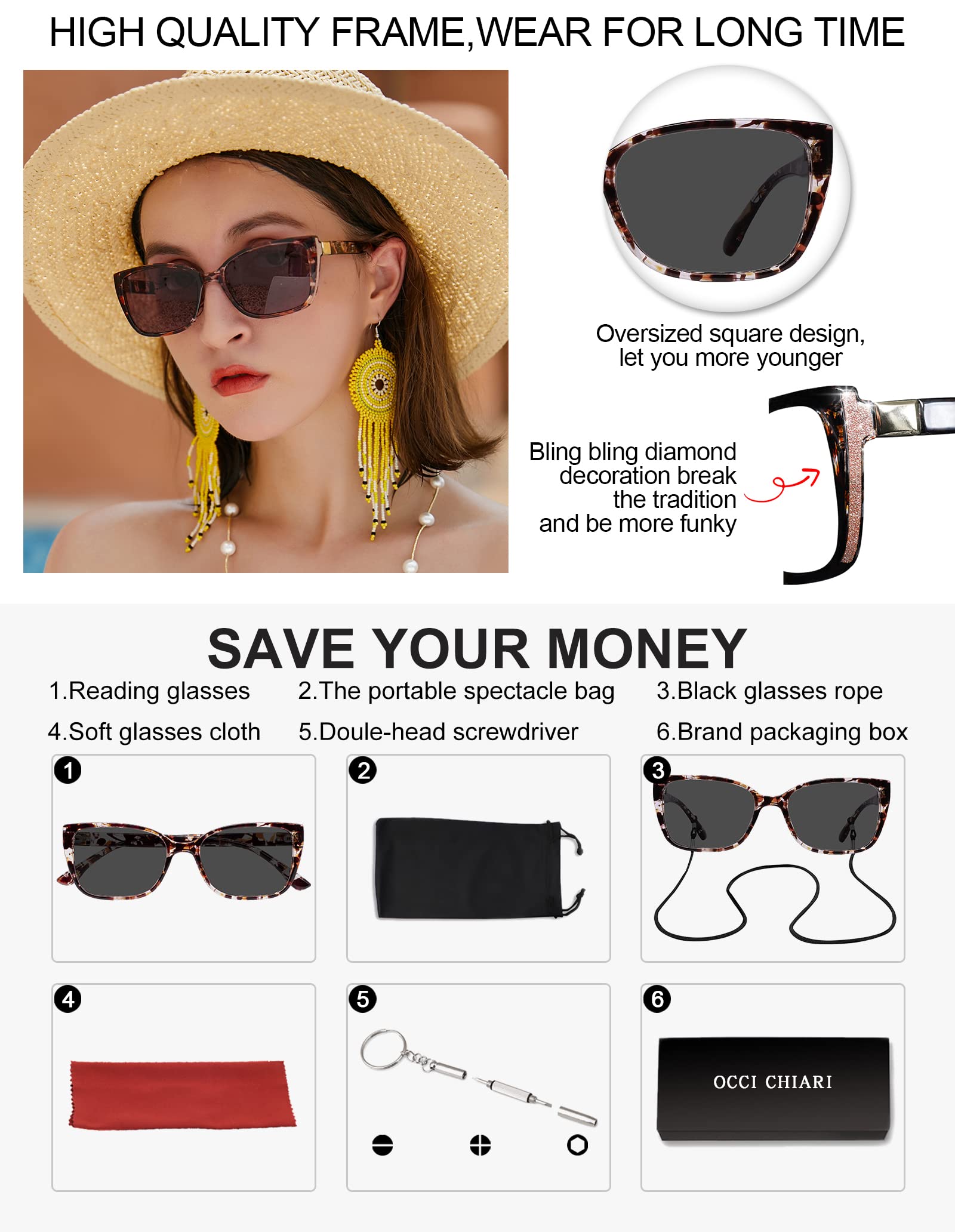 OCCI CHIARI Women's Oversized Blue Light Blocking Sunglasses UV400 Protection (1.0-3.5 Strength) for Reading, Driving & Outdoor Activities