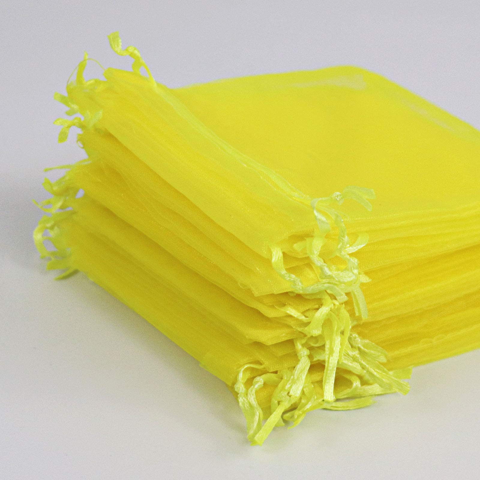 100Pcs 5x7 Inch Yellow Organza Drawstring Gift Bags for Christmas, Wedding Favors, Party Decorations & Jewelry Packaging - Premium Mesh Favor Pouches by Lautechco