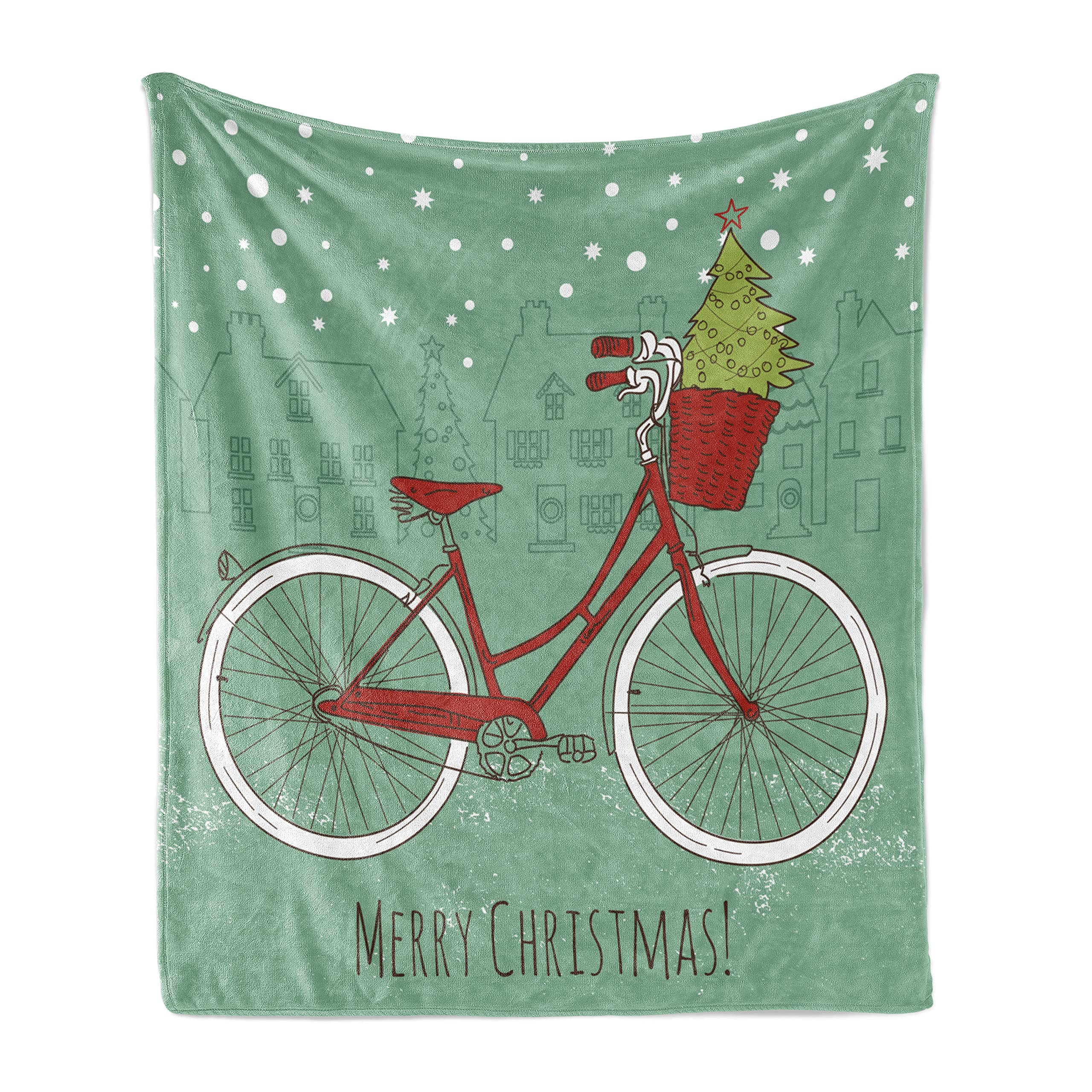 Ambesonne Christmas Throw Blanket 50x60 Inches - Vintage Bike & Christmas Tree House Design, Soft Flannel Fleece Couch Cover for Adults in Almond Green Red White - Perfect for Holiday Decor, Cozy Winter Nights & Gift Giving