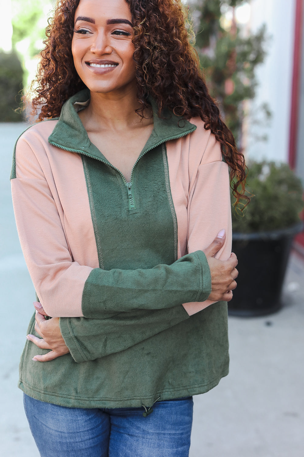Cozy Holiday Vibes Taupe & Green Fleece Zip-Up Hoodie with Cinched Hem - Perfect for Winter Outfits, Christmas Gifts & Casual Loungewear