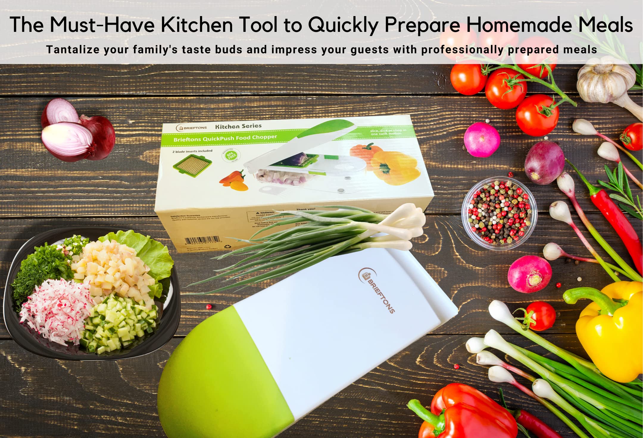 Brieftons QuickPush Food Chopper - 2-in-1 Vegetable & Fruit Dicer for Onion, Tomato, Potato - Includes 2 Dicing Blades & 5 Free Recipe Ebooks - Perfect for Meal Prep, Salad Making & Quick Cooking