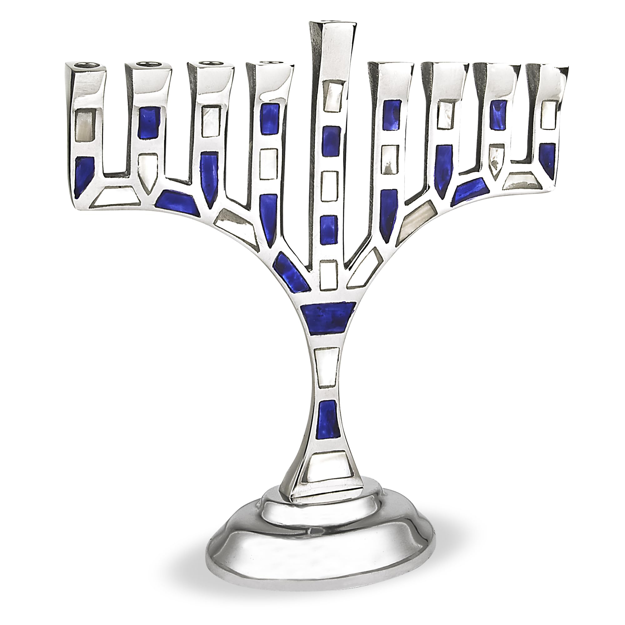 Blue & White Mosaic Tile Aluminum Menorah - Elegant Bejeweled Hanukkiah for Chanukah with Standard Candles | Perfect for Jewish Holiday Decor & Home Celebration
