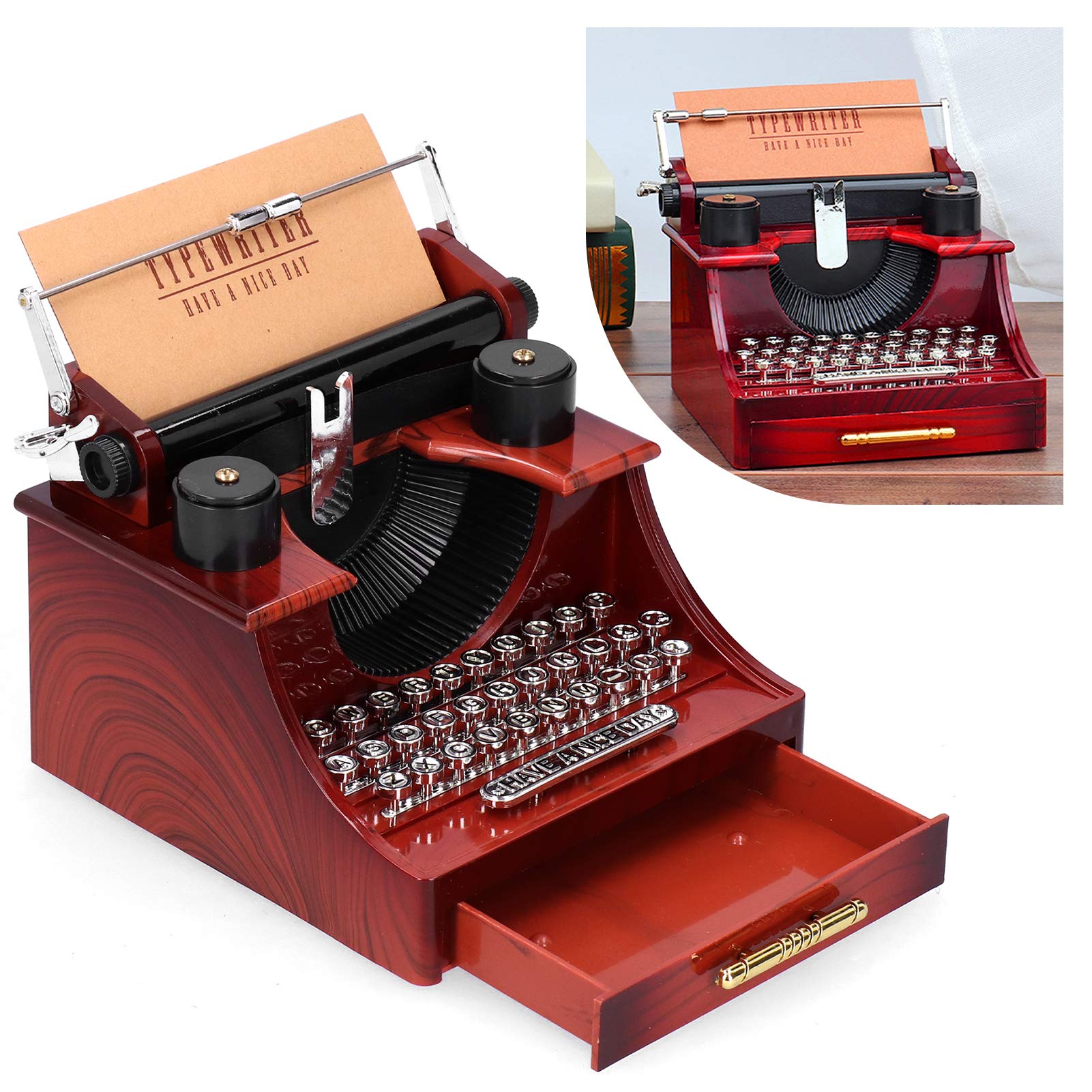 Vintage Typewriter Music Box with Drawer - Wind Up Mechanical Musical Gift for Home & Office Decor - Perfect for Living Room, Bedroom, Study & Gift Giving